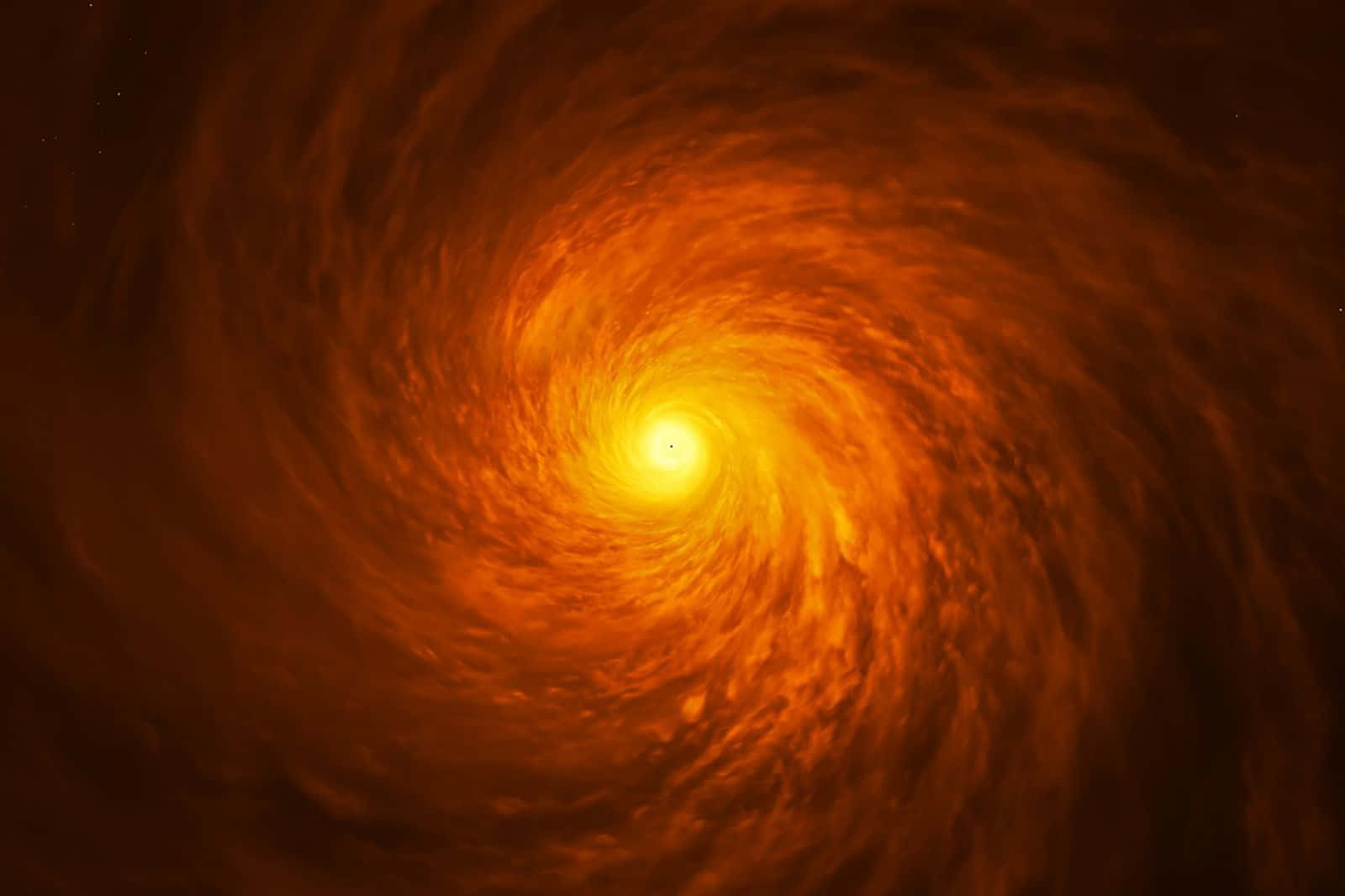 Black Hole Hubble Telescope 桌布 壁紙 — 一個由熾熱橙色和黃色宇宙塵埃組成的旋轉渦流，向內盤旋，朝向一個耀眼的中間光源。