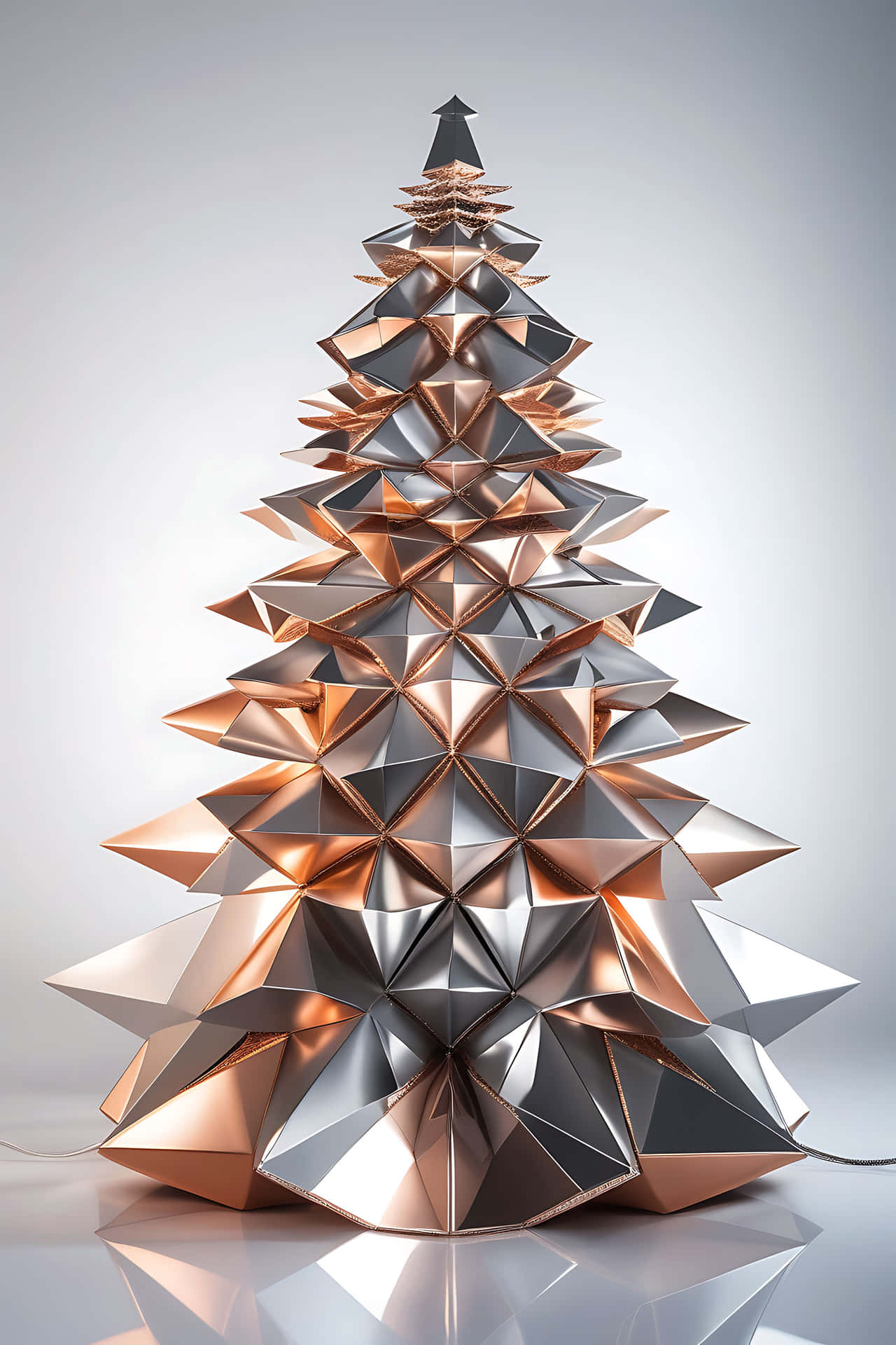 Modern geometric christmas tree 壁紙 — 一個由玫瑰金和銀色金屬面組成的幾何聖誕樹高高矗立在反光表面上。