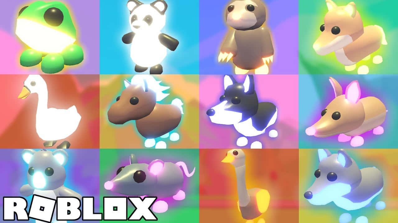 Roblox 桌布 壁紙 — 一個由發光Roblox動物頭像組成的網格，具有柔和的圓形形狀和充滿活力的霓虹背景。
