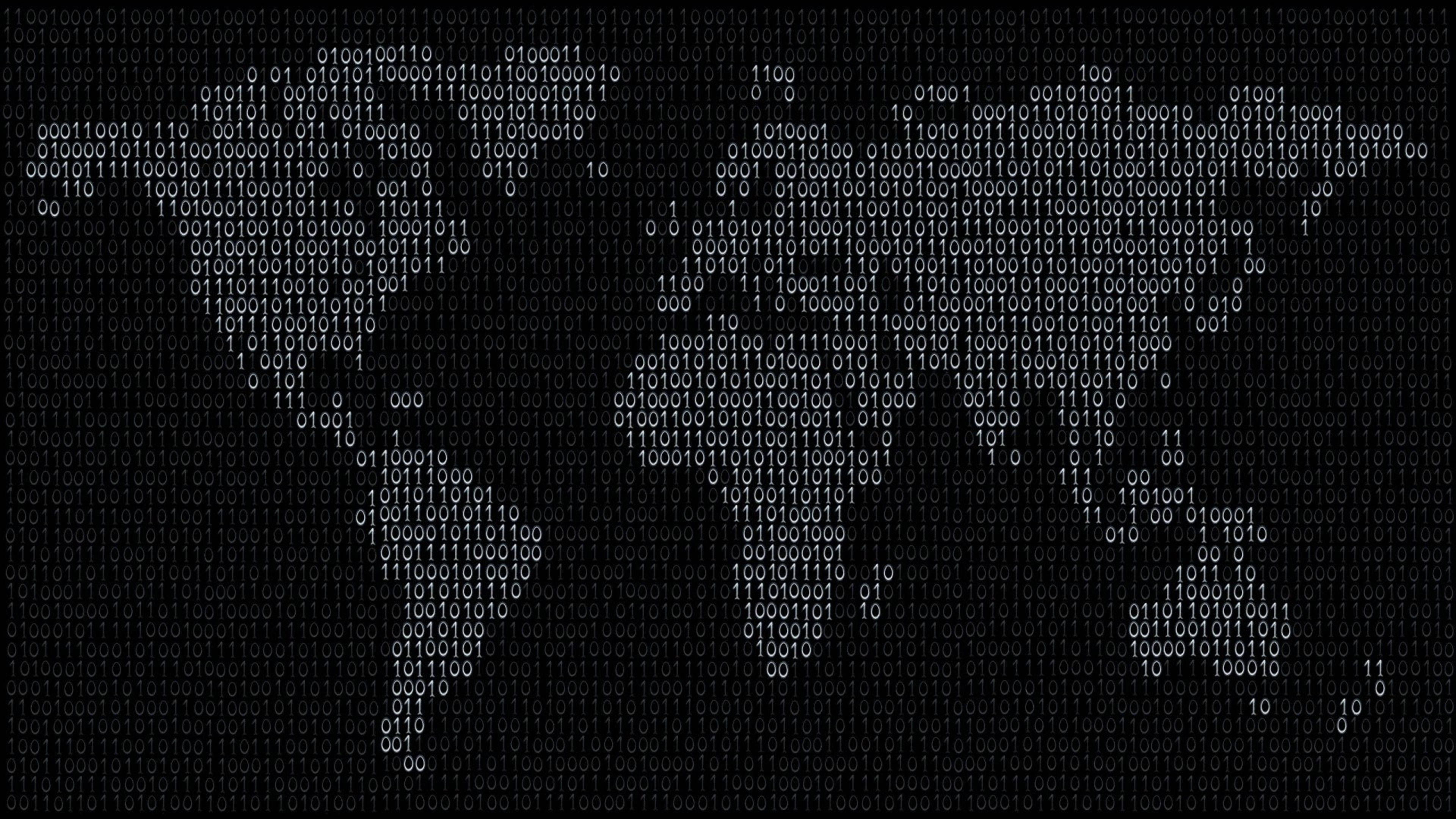 Programming 桌布 壁紙 — 一個由發光二進制代碼在深色數位背景上形成的世界地圖輪廓。