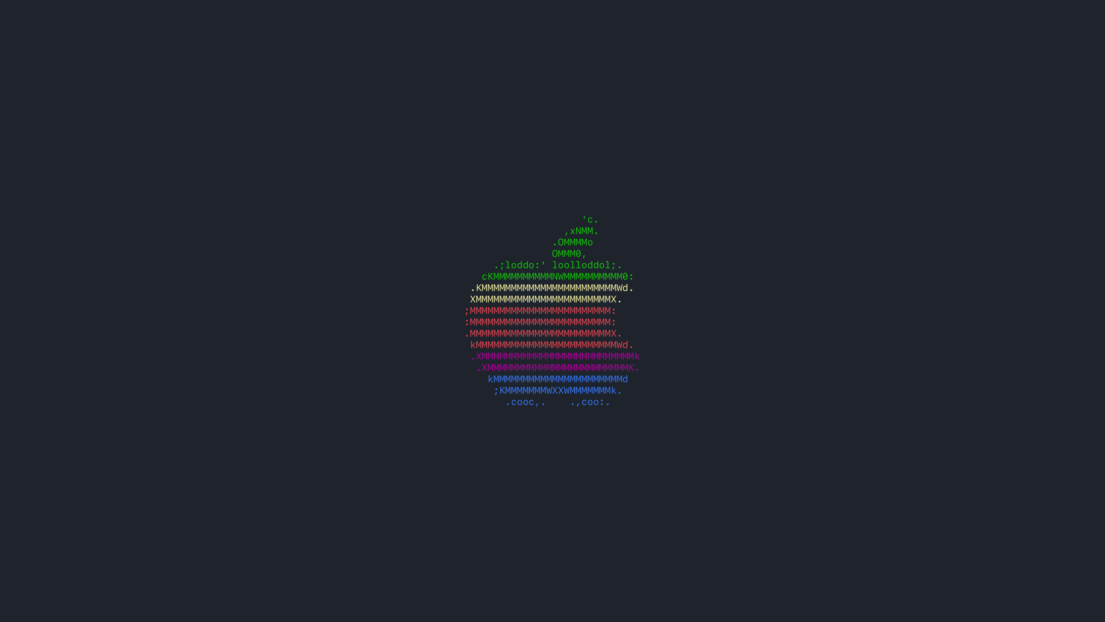 Apple 4K 桌布 壁紙 — 一個由發光代碼字元組成的彩色像素化Apple標誌，背景為深色。