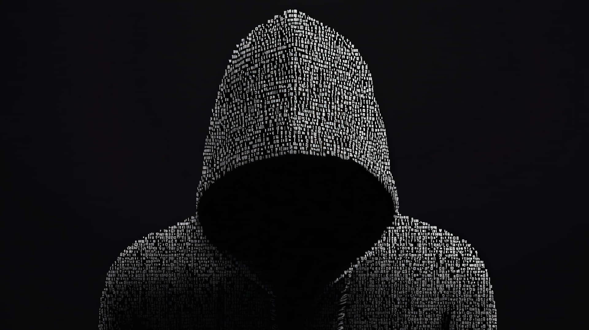 Cybersecurity Concept with Mysterious Hooded Hacker Made of Digital Code on Dark Background 壁紙 — 一個由發光白色二進制代碼組成的戴帽人物，站在純黑色背景前。