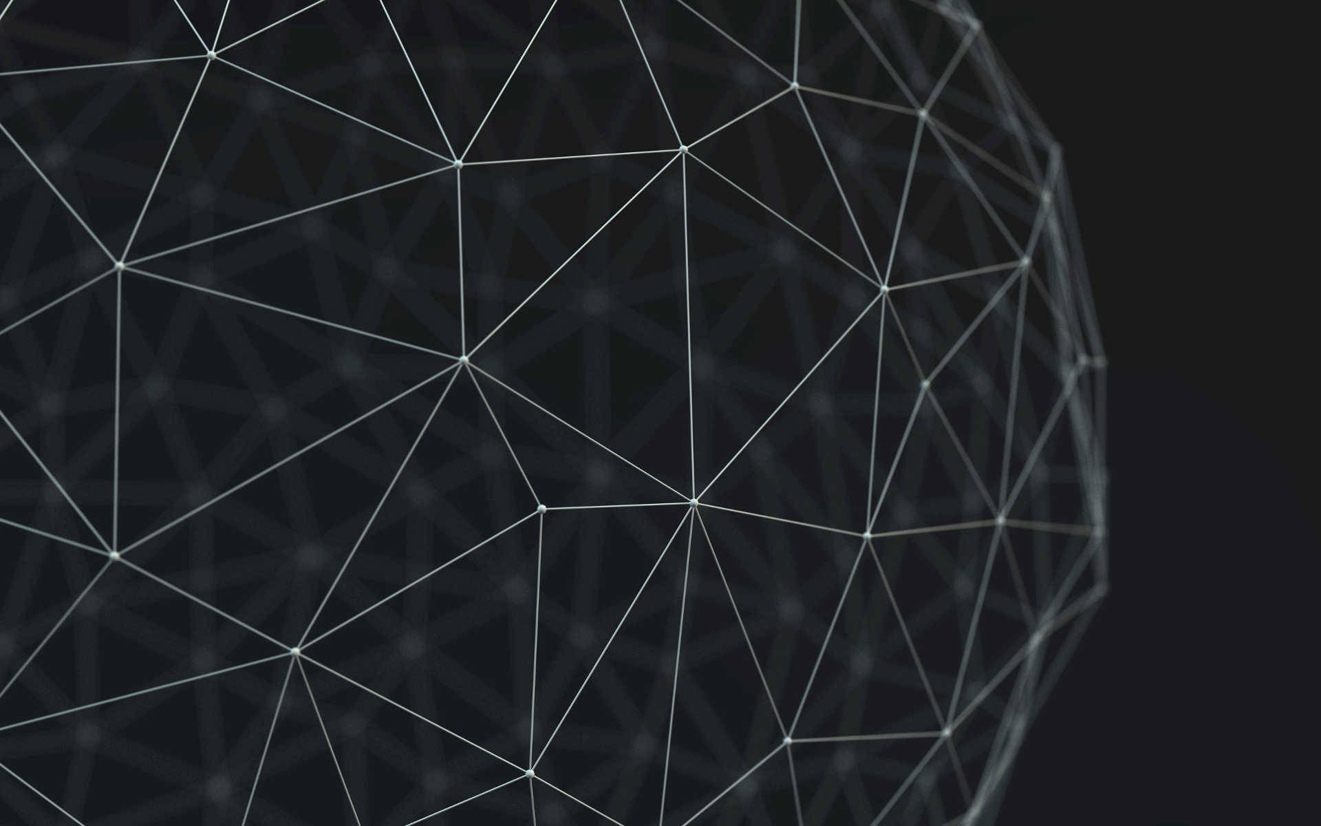 Blockchain 桌布 壁紙 — 一個由發光白色線條和點組成的幾何球體，背景為深色。