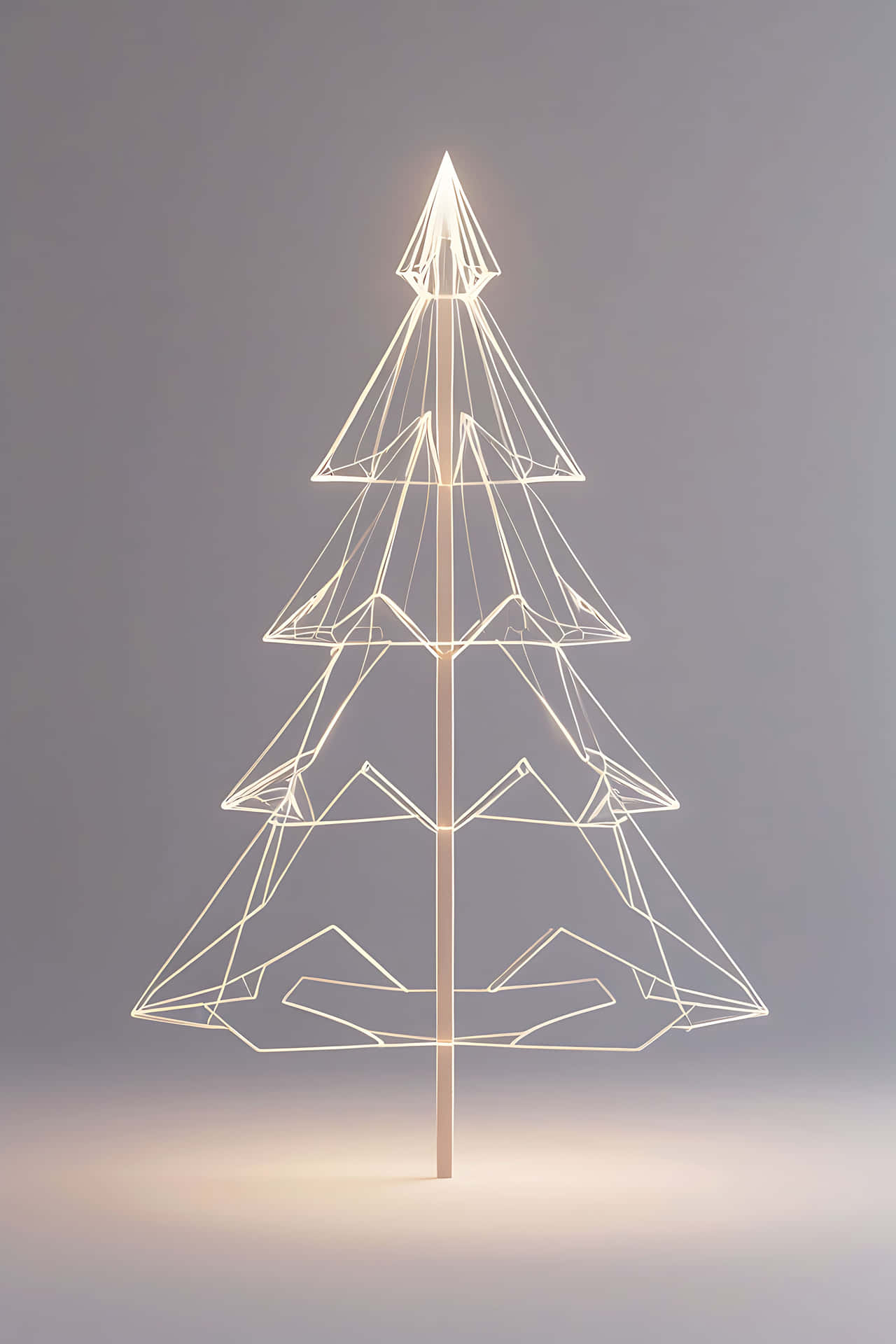 Geometric christmas tree 壁紙 — 一個由發光白色金屬線製成的極簡幾何聖誕樹，在柔和的灰色背景上高高聳立。