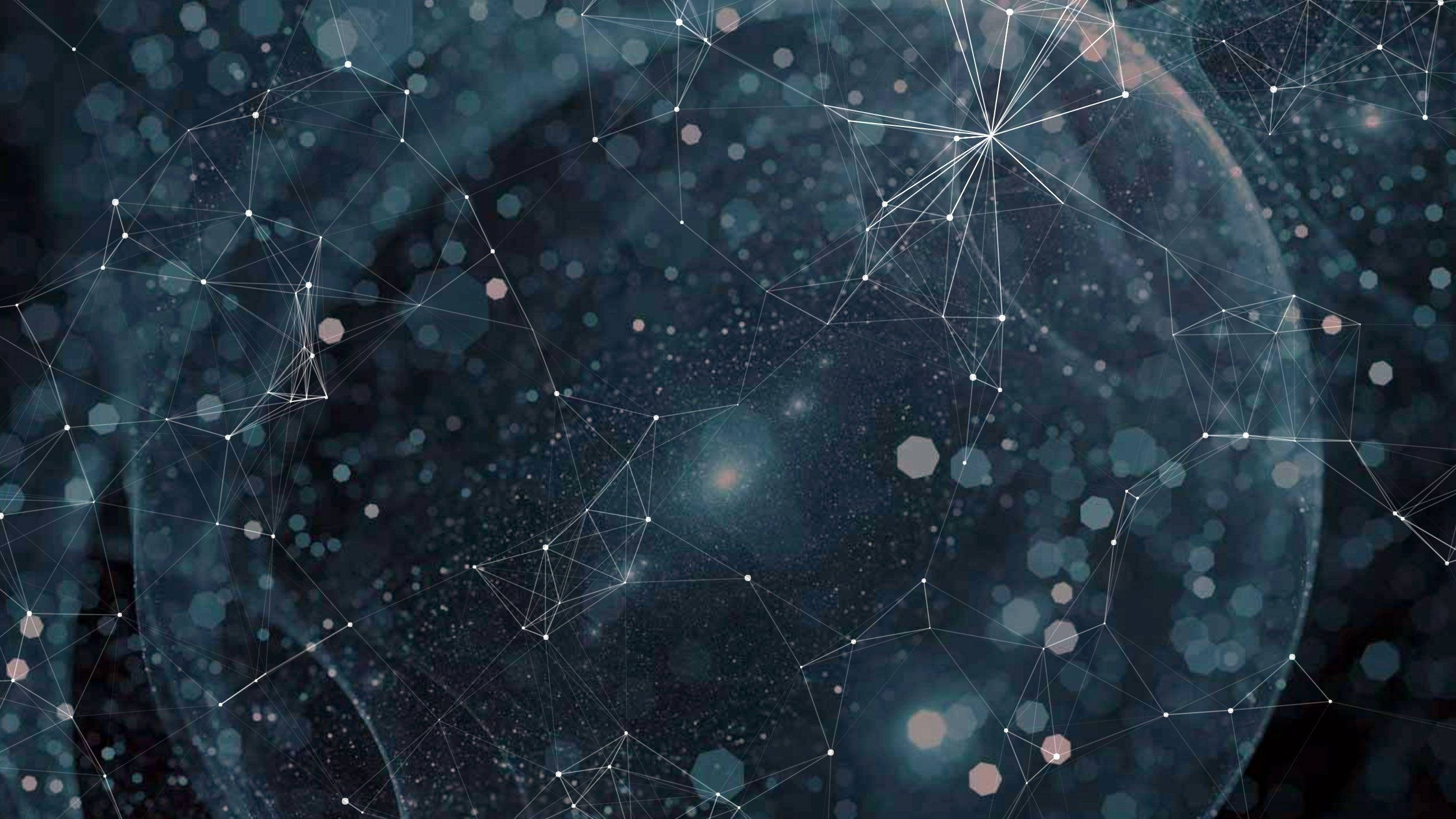 Blockchain 桌布 壁紙 — 一個由發光白點和線條組成的宇宙網絡，覆蓋在帶有柔和粉紅色和藍色散景燈光的黑暗星雲上。