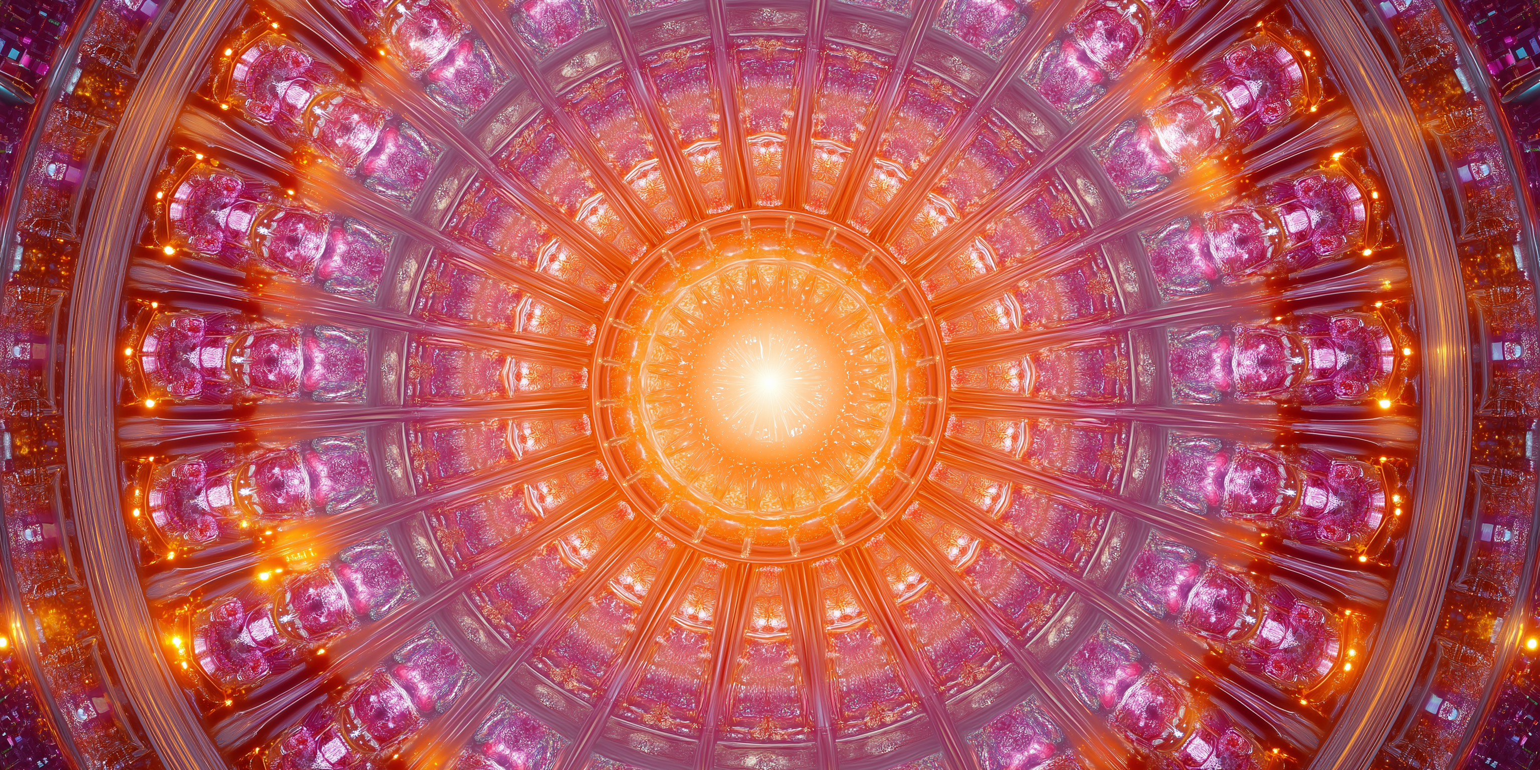 kaleidoscope 桌布 壁紙 — 一個由發光的粉紅色和橙色玻璃面板組成的放射狀圓形萬花筒，從明亮的中央太陽爆發中輻射出來。