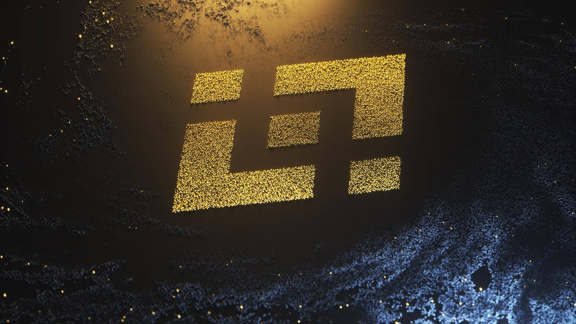 Binance 桌布 壁紙 — 一個由發光粒子形成的金色抽象符號，在帶有藍色和黃色星雲的黑暗宇宙背景中漂浮。