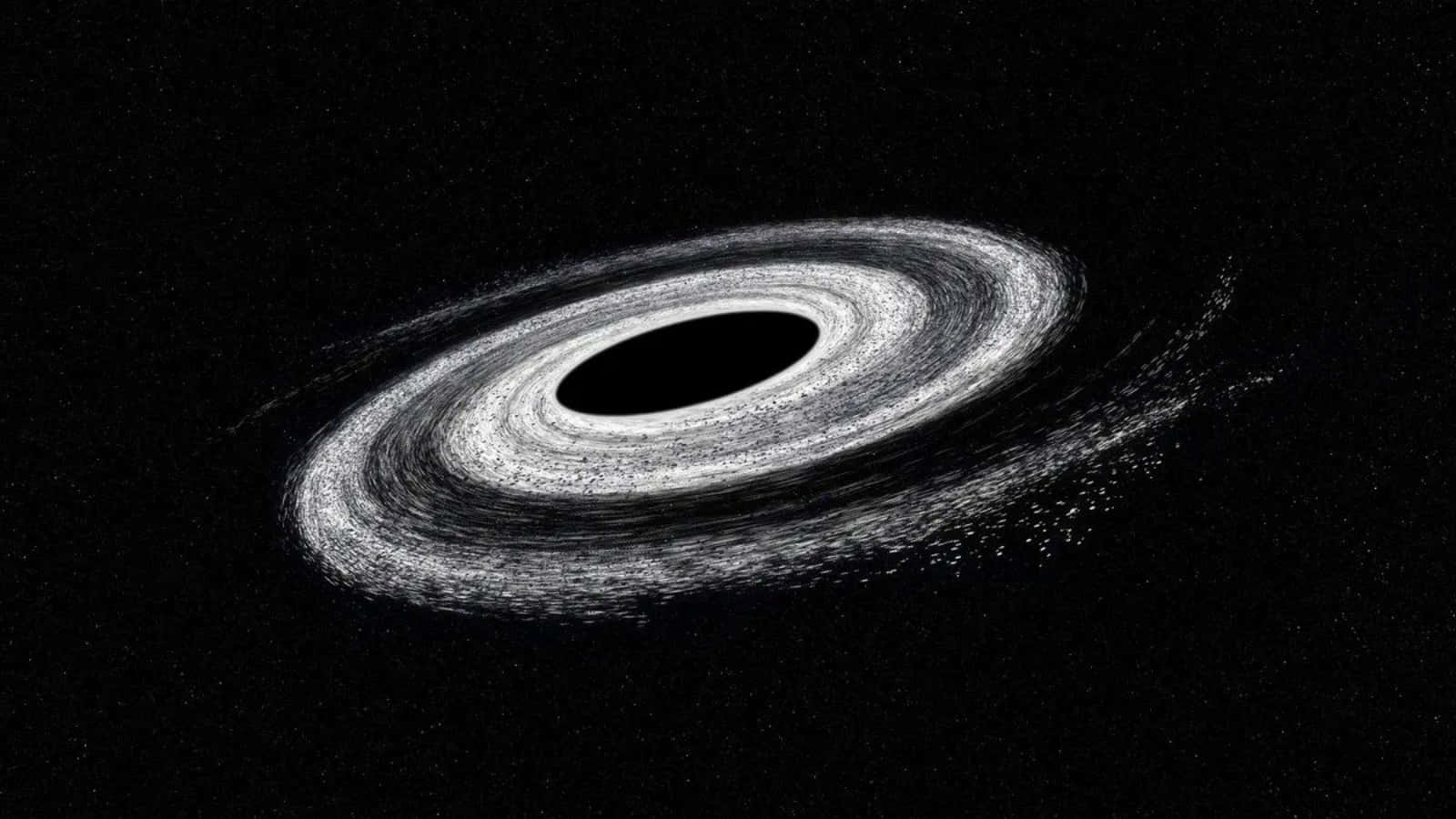 Scary Space 桌布 壁紙 — 一個由發光粒子組成的旋轉吸積盤，在佈滿星辰的宇宙虛空中環繞著一個黑洞。