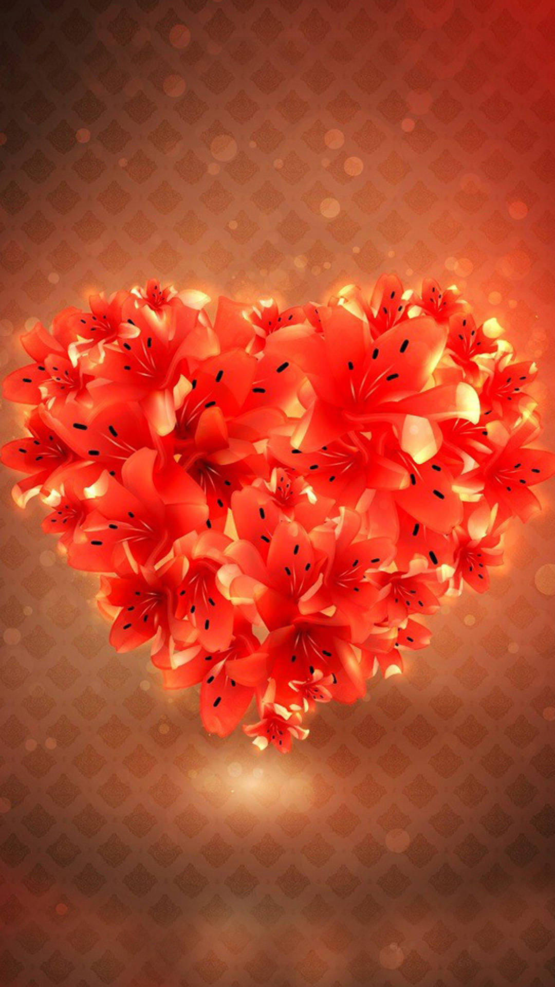 Valentines 桌布 壁紙 — 一個由發光紅百合（帶黑色雄蕊）在溫暖散景背景上形成的閃耀心形。