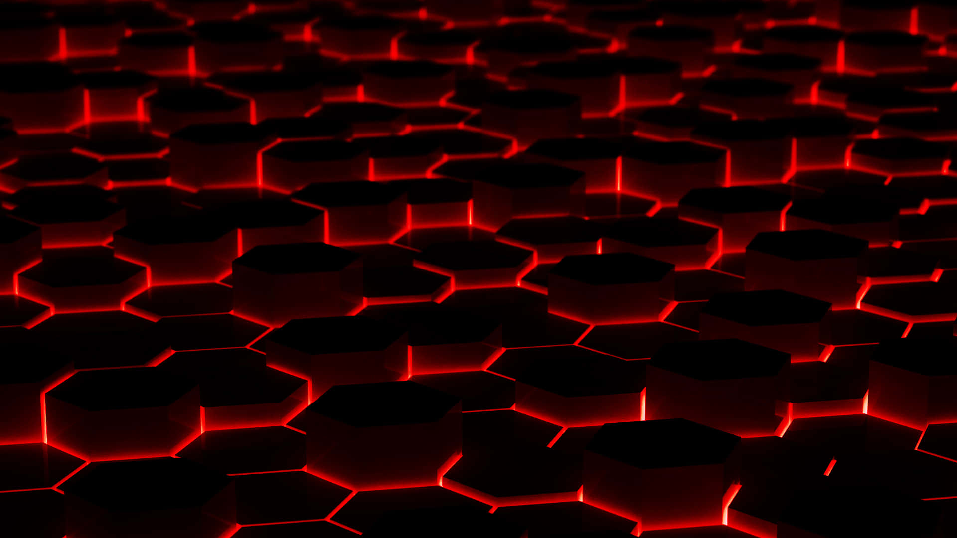 1080p Red And Black 桌布 壁紙 — 一個由發光紅色六邊形組成的未來風格網格，置於深黑色背景上，營造出高科技數位圖案。