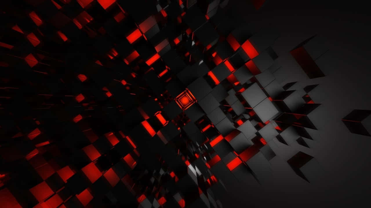 cubes 桌布 壁紙 — 一個由發光紅色立方體組成的動態隧道，以銳利的幾何角度和深邃陰影逐漸消失在黑暗中。