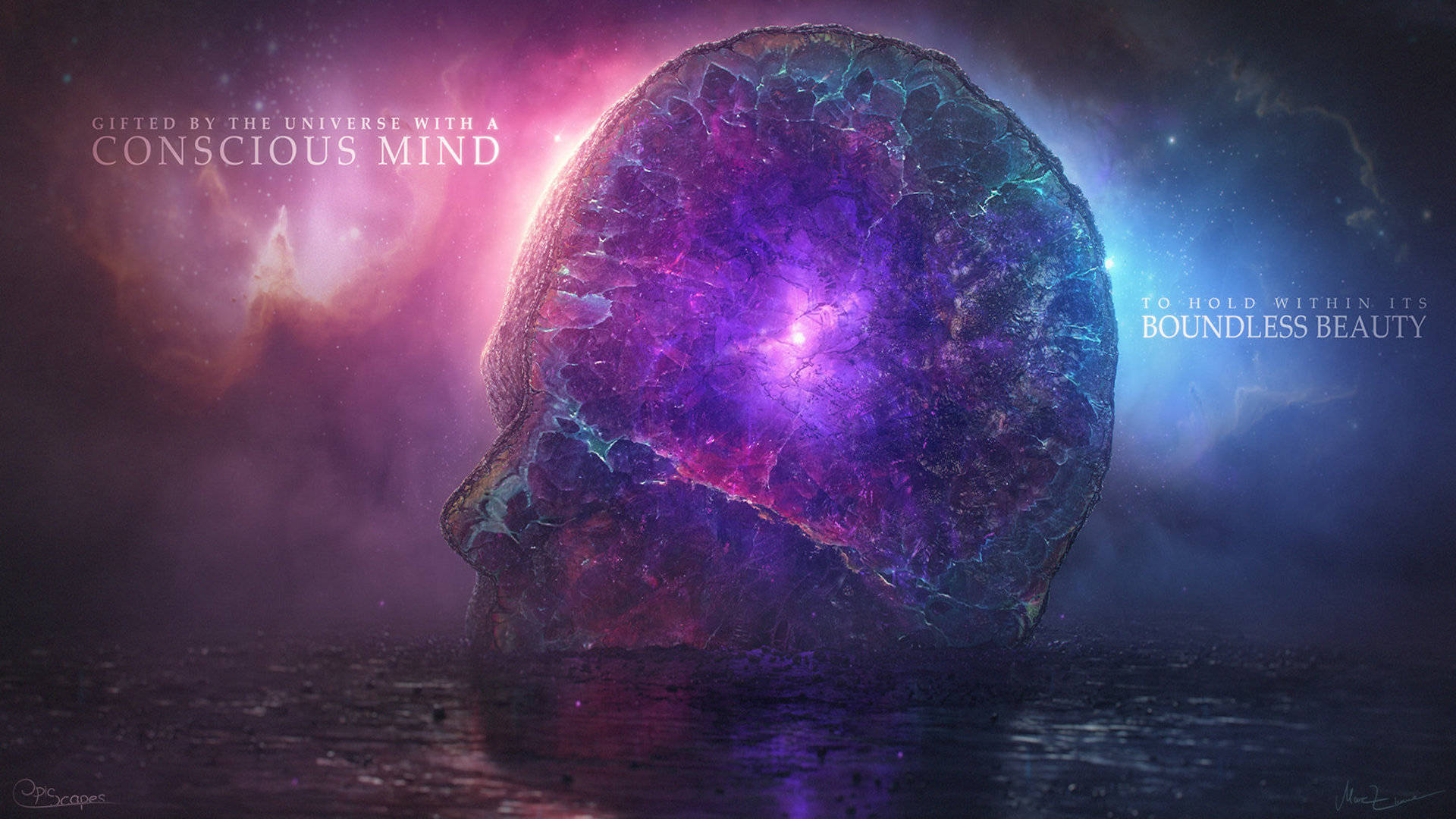 抽象 桌布 壁紙 — 一個由發光紫色星雲組成的宇宙頭骨漂浮在星空暮色天空下的反光水面上。