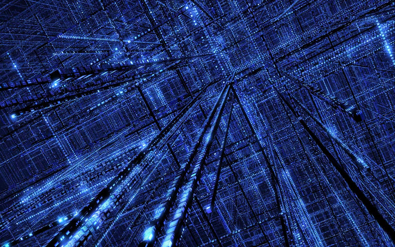 grid 桌布 壁紙 — 一個由發光線條和點形成的迷人藍色數位隧道，逐漸消失於消失點。