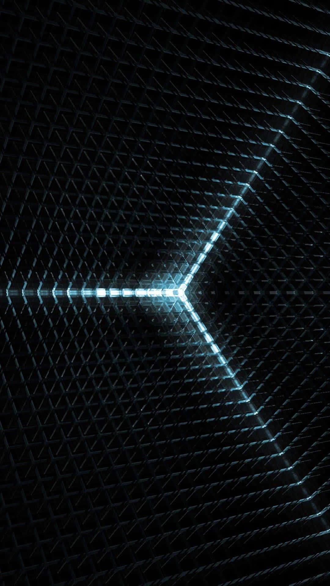 3d Technology 桌布 壁紙 — 一個由發光線條網格形成的發光藍色三角形隧道，逐漸消失在黑暗中。