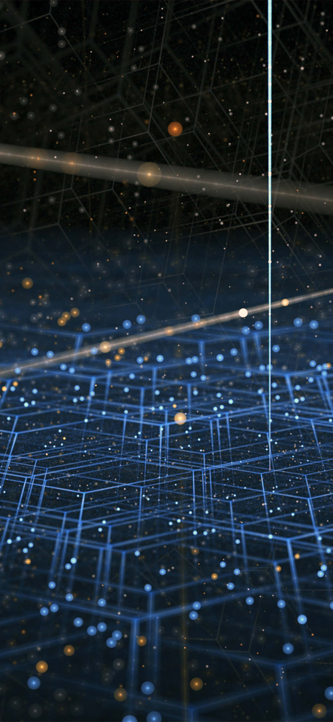 Digital 桌布 壁紙 — 一個由發光藍色六邊形和橙色點組成的未來數位網格，在星光宇宙虛空中漂浮，伴隨著光束。