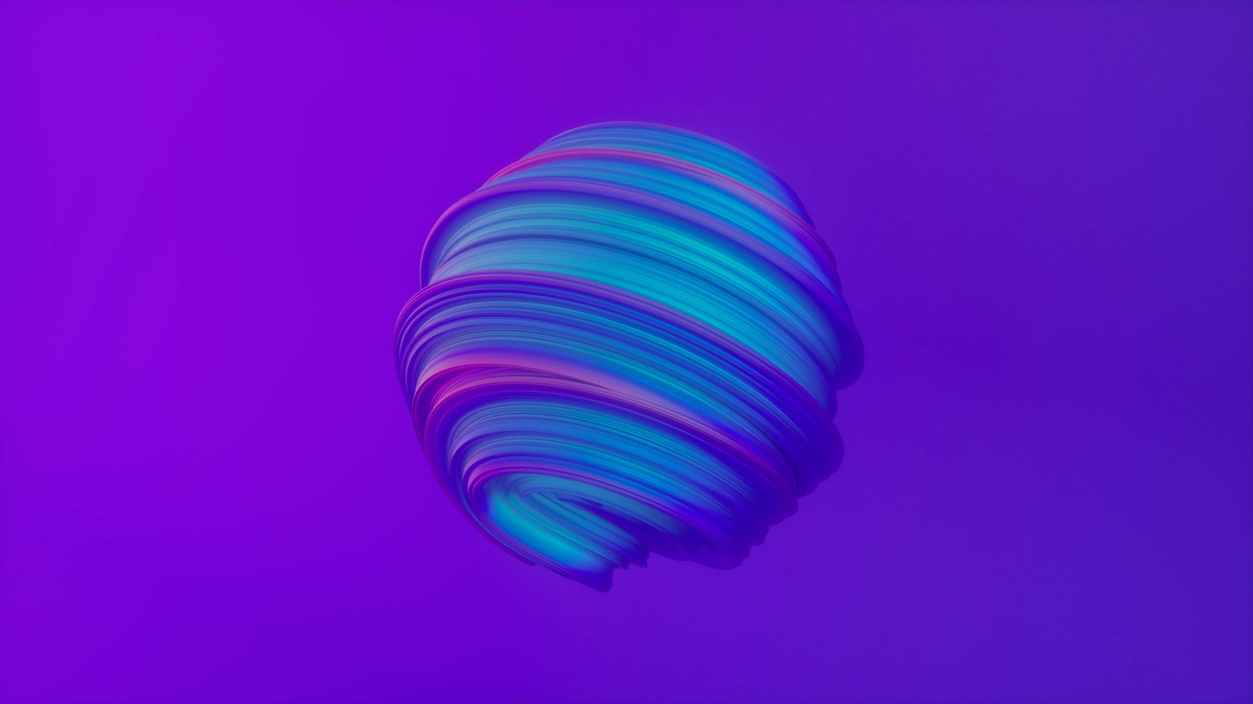 3D 桌布 壁紙 — 一個由發光藍色和粉紅色絲帶組成的旋轉抽象球體，漂浮在深紫色漸變背景上。