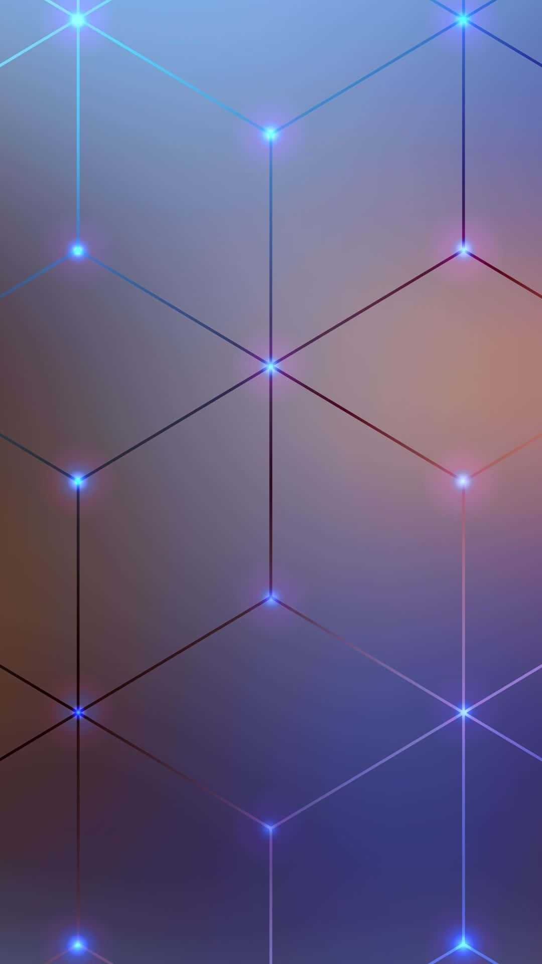 Geometric iPhone 桌布 壁紙 — 一個由發光藍色和紫色線條組成的未來感幾何網格，在漸變背景上形成相互連接的六邊形。
