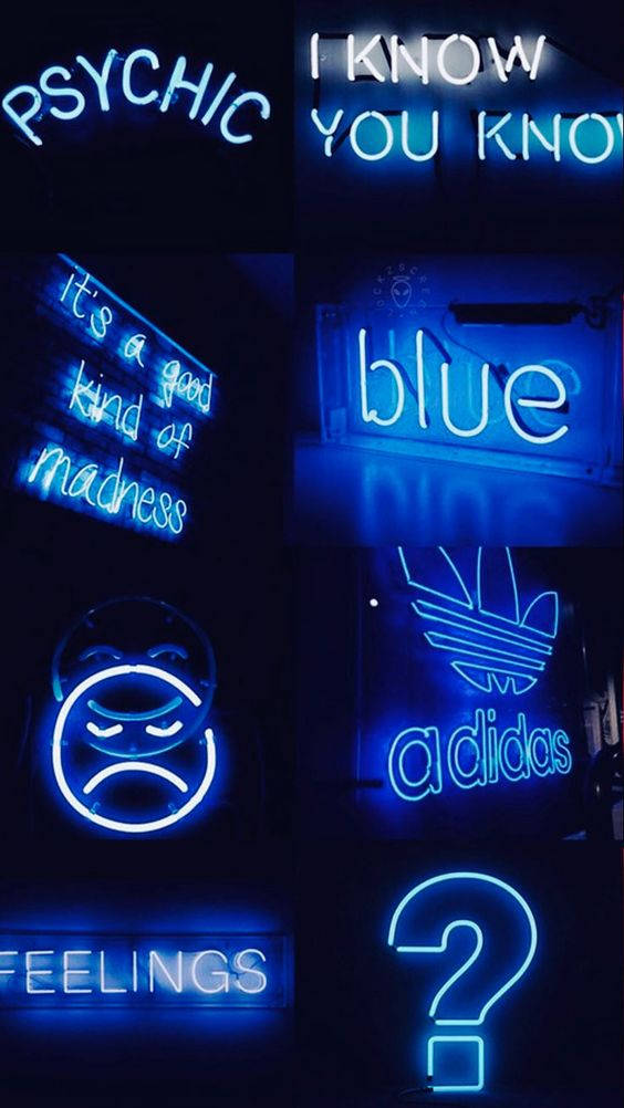 dark blue aesthetic tumblr 桌布 壁紙 — 一個由發光藍色霓虹燈牌組成的拼貼畫，在黑暗背景上顯示單詞和符號，如 psychic adidas 和問號。