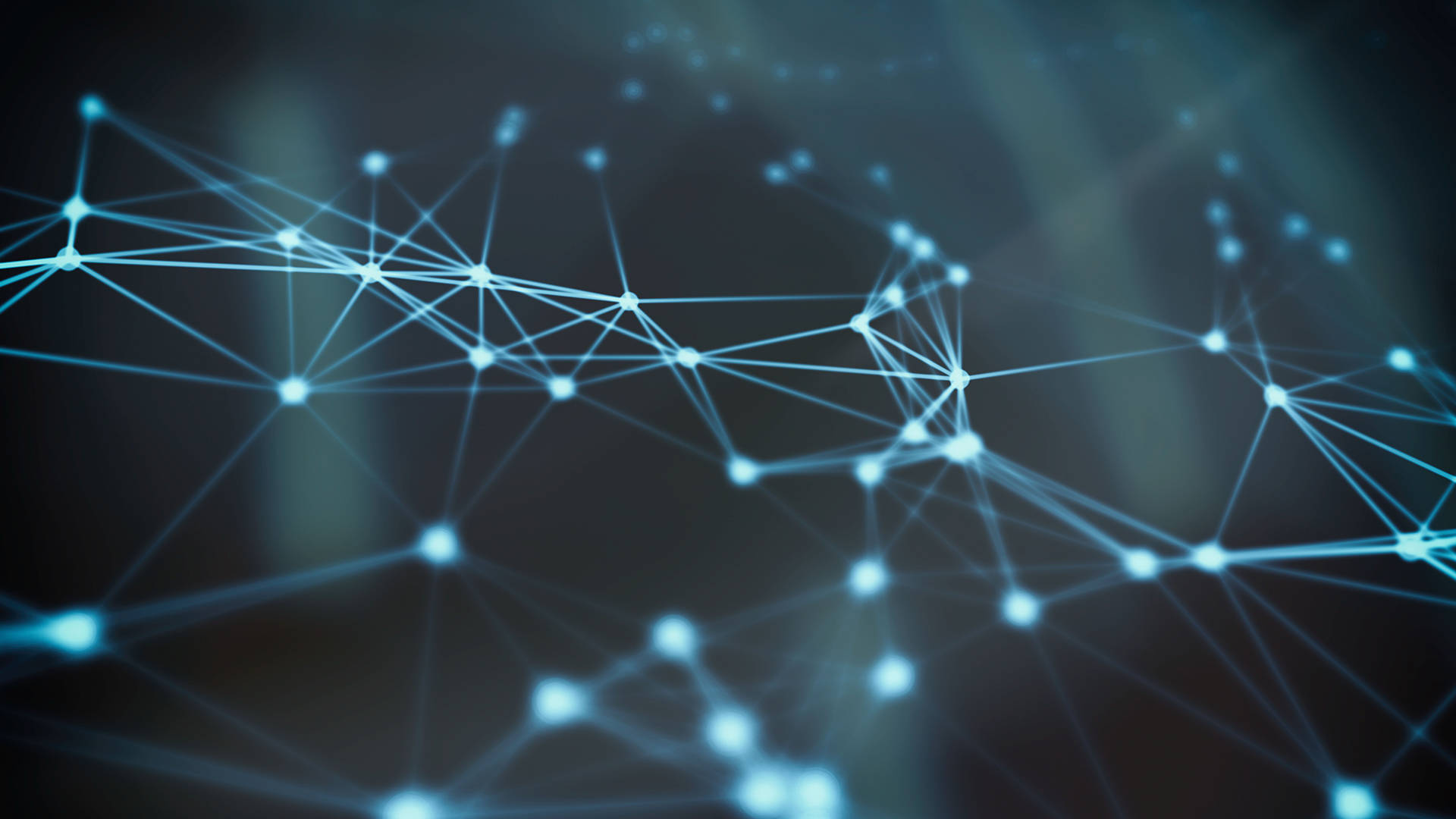 Blockchain 桌布 壁紙 — 一個由發光藍色點和線組成的互連網絡，在深色漸變背景上形成未來數位網絡。