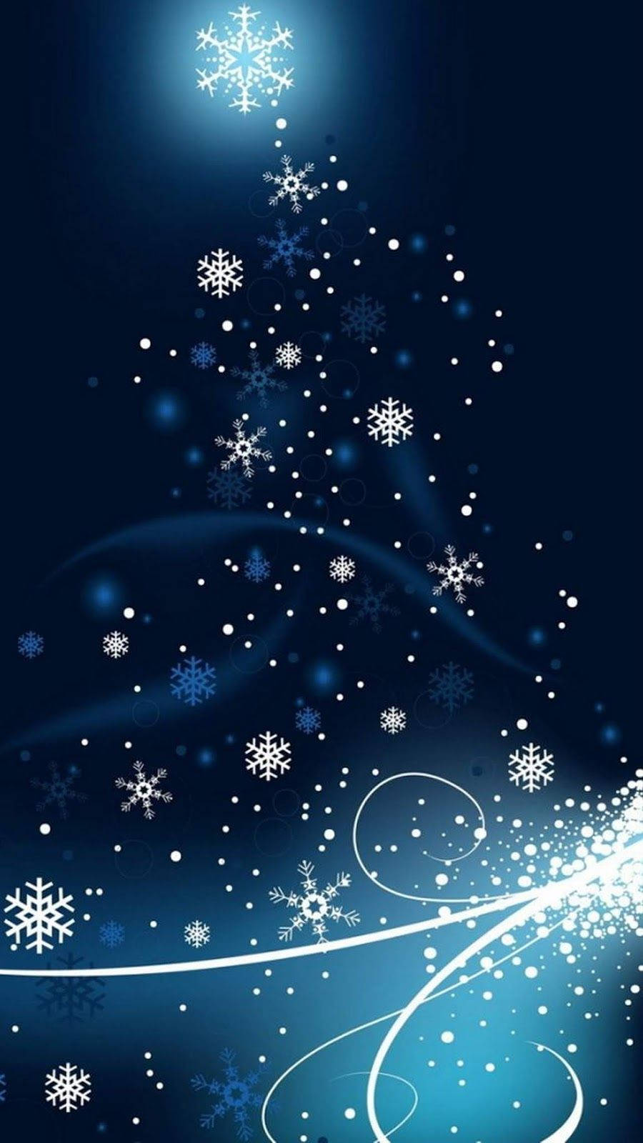 聖誕燈飾 桌布 壁紙 — 一個由發光雪花和白色漩渦組成的風格化聖誕樹，背景為深藍色漸變。