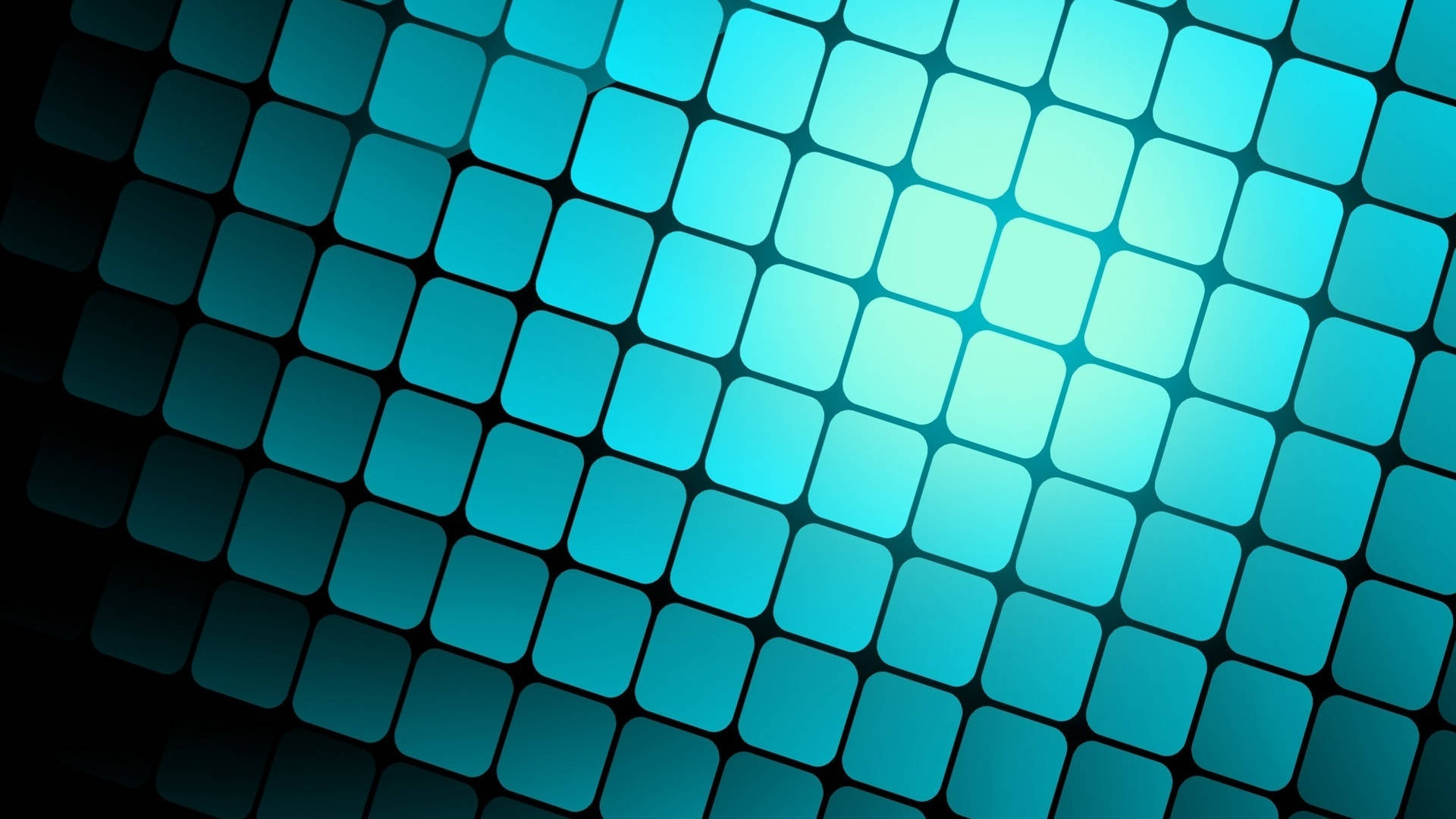 Turquoise 桌布 壁紙 — 一個由發光青綠色正方形組成的動態圖案，從時尚數位漸層的黑暗角落輻射出來。