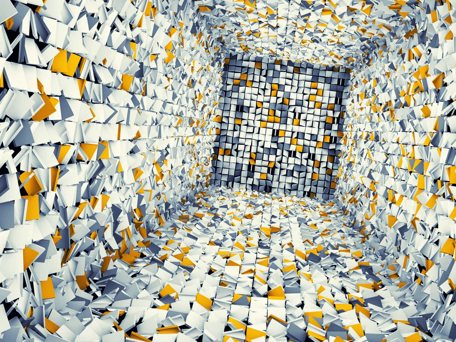 Tiles 桌布 壁紙 — 一個由白色和黃色幾何方塊組成的迷人3D渲染隧道，逐漸退入像素化的正方形虛空。