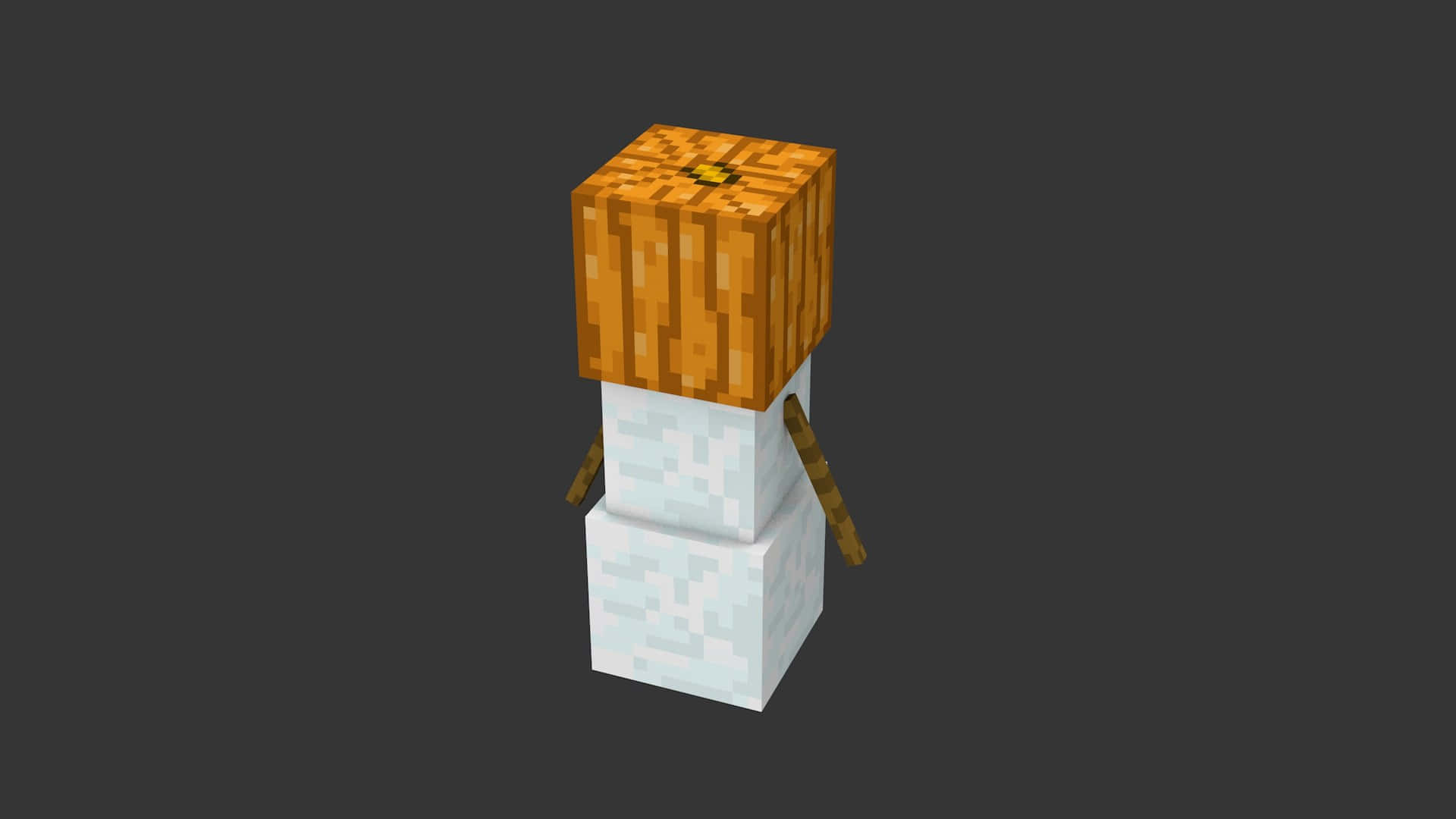 Minecraft Snow Golem 桌布 壁紙 — 一個由白色方塊組成的像素雪人，帶有木製南瓜頭和樹枝手臂，背景為深灰色。