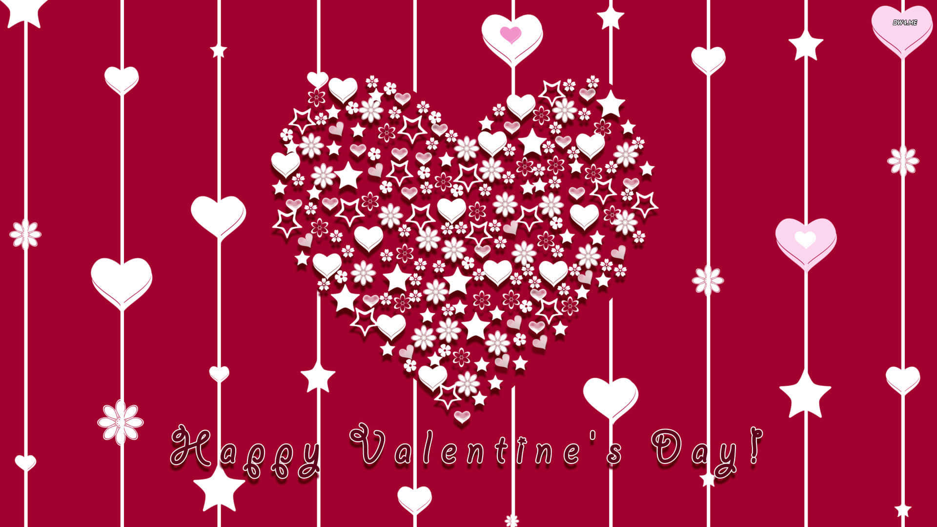 Cute Heart 桌布 壁紙 — 一個由白色星星和愛心組成的大愛心掛在深紅色背景上，懸掛著節日裝飾和草書情人節訊息。