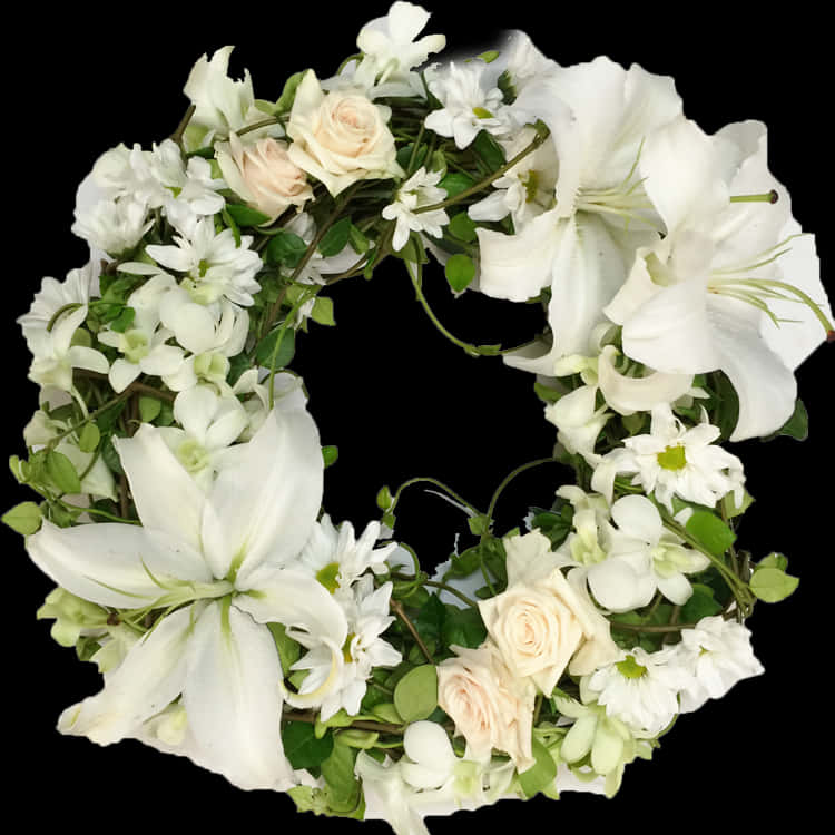 White Flowers 桌布 壁紙 — 一個由白色百合、玫瑰和綠葉組成的茂盛圓形花環，襯托在純黑背景上。