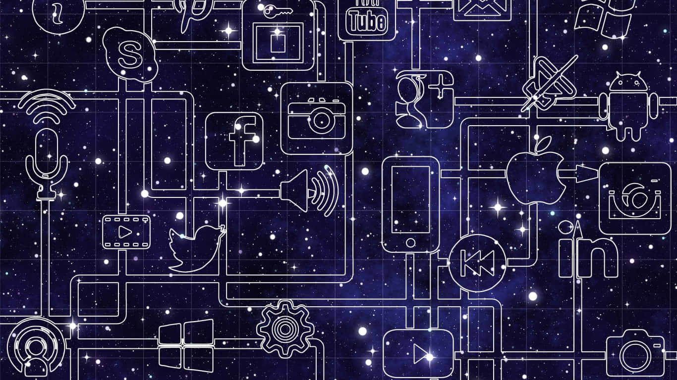 Social Media Logos 桌布 壁紙 — 一個由白色科技圖標組成的發光網絡漂浮在星光燦爛的宇宙藍色背景上。