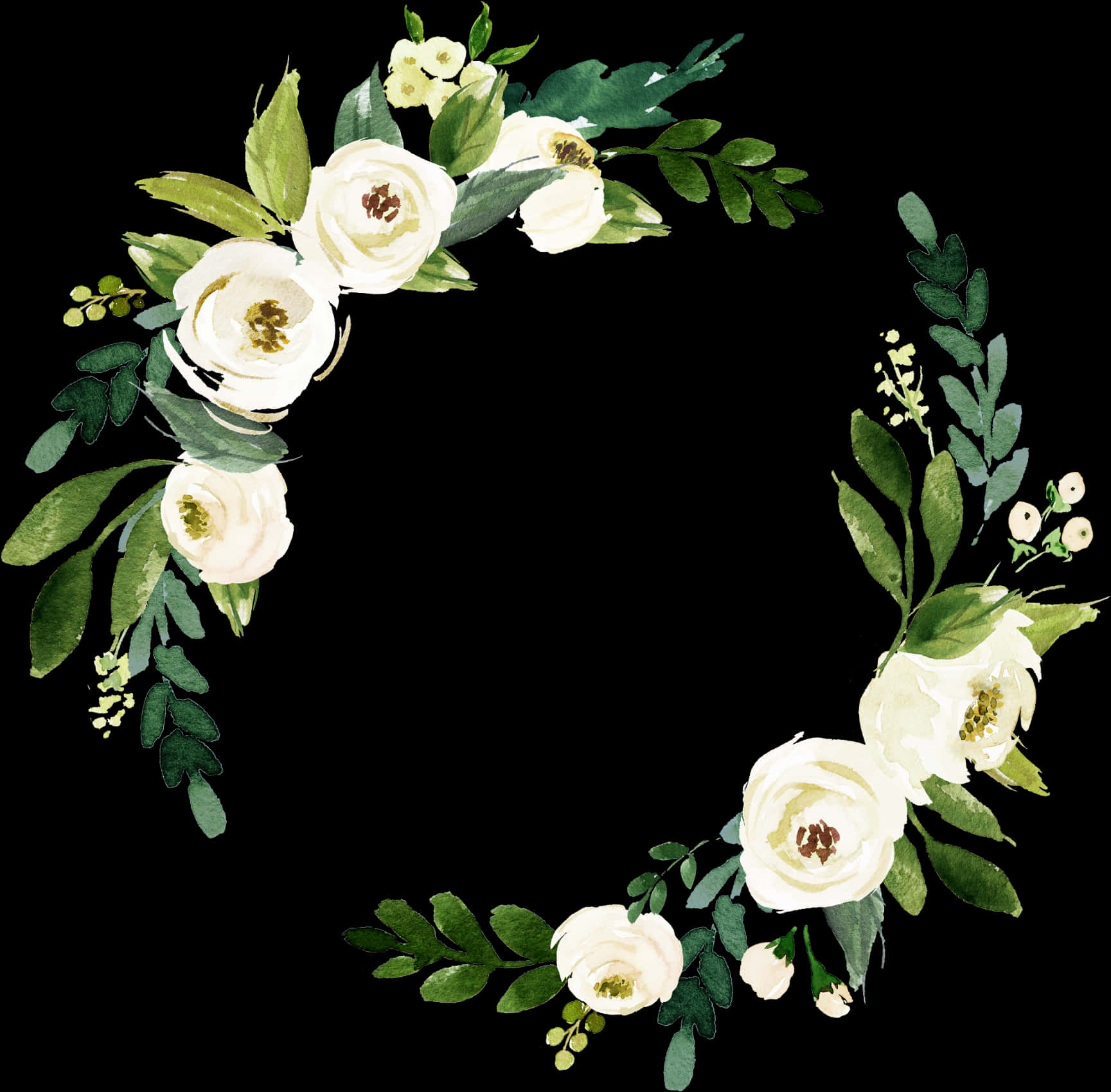 Wreath 桌布 壁紙 — 一個由白色花朵和綠色葉子組成的精緻水彩花環，在純黑色背景上形成一個不完整的圓圈。