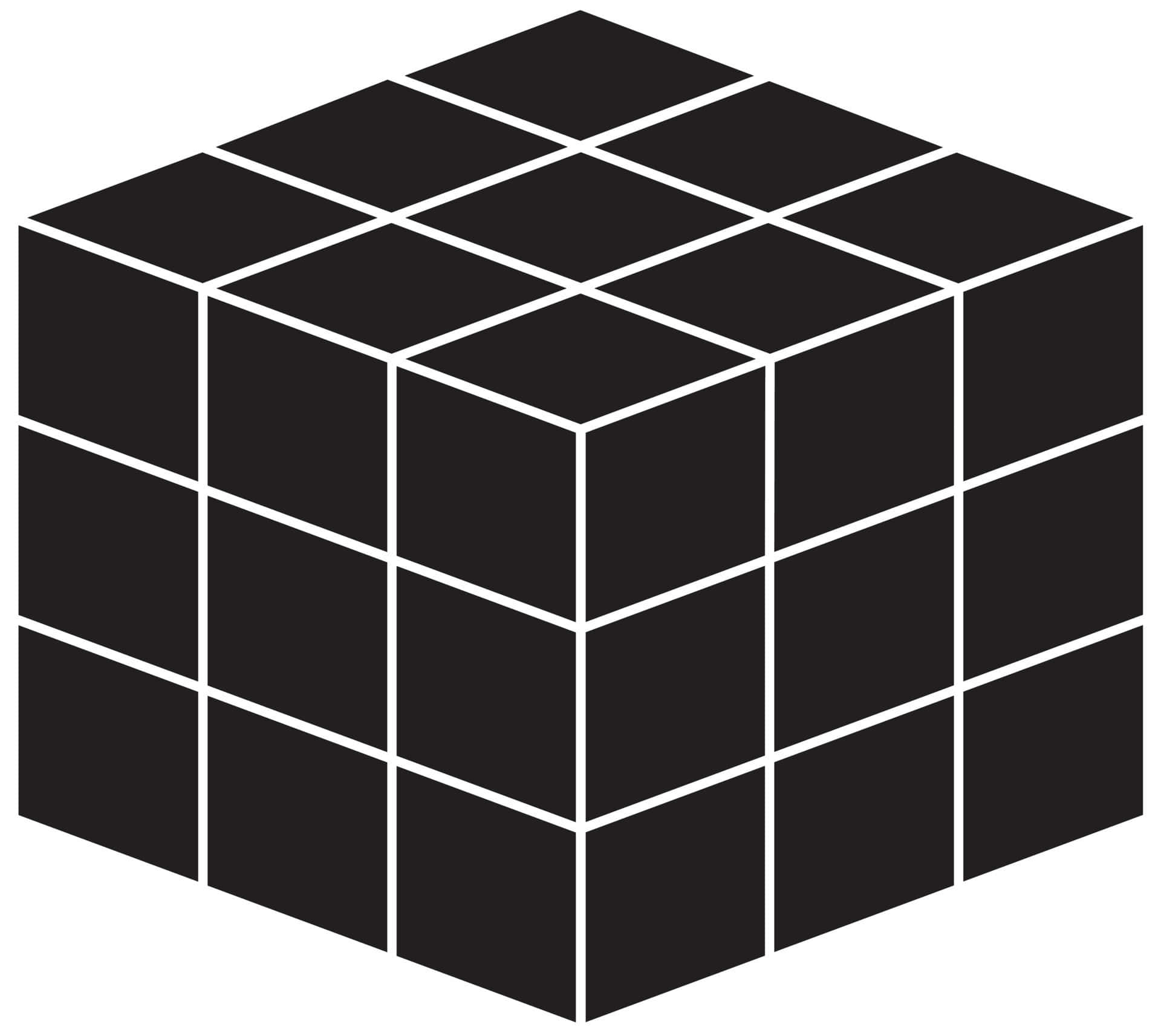 Block 桌布 壁紙 — 一個由白色輪廓小立方體組成的極簡黑色立方體，背景為純白色。