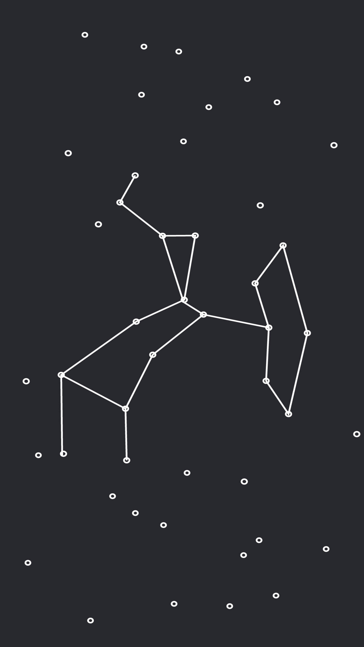 sagittarius 桌布 壁紙 — 一個由白色點和線條在深灰色星空背景上形成的極簡馬星座輪廓。