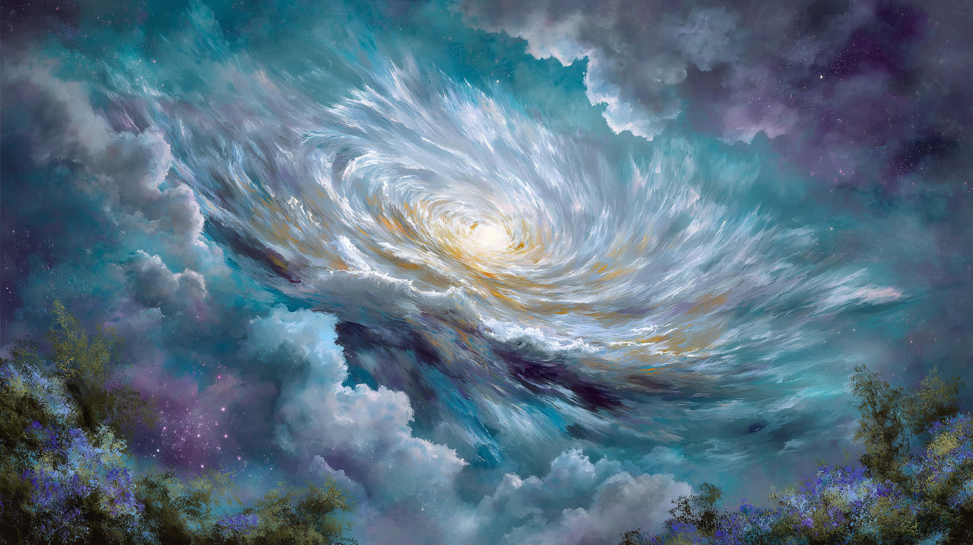 Cosmic Storm Nebula with Swirling Clouds and Distant Stars 壁紙 — 一個由白金色和藍綠色雲層組成的旋轉宇宙漩渦，主宰著一片有紫色花朵的森林上方的星空。