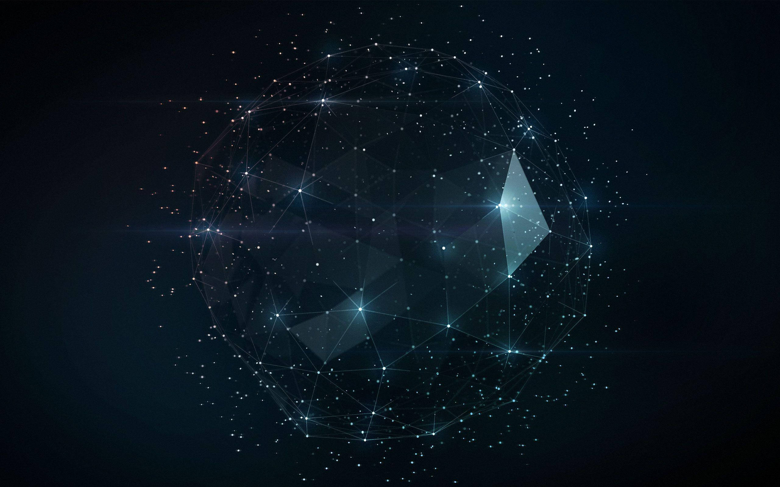 Blockchain 桌布 壁紙 — 一個由相互連接的光節點和線條組成的發光幾何球體，漂浮在黑暗的宇宙背景上。