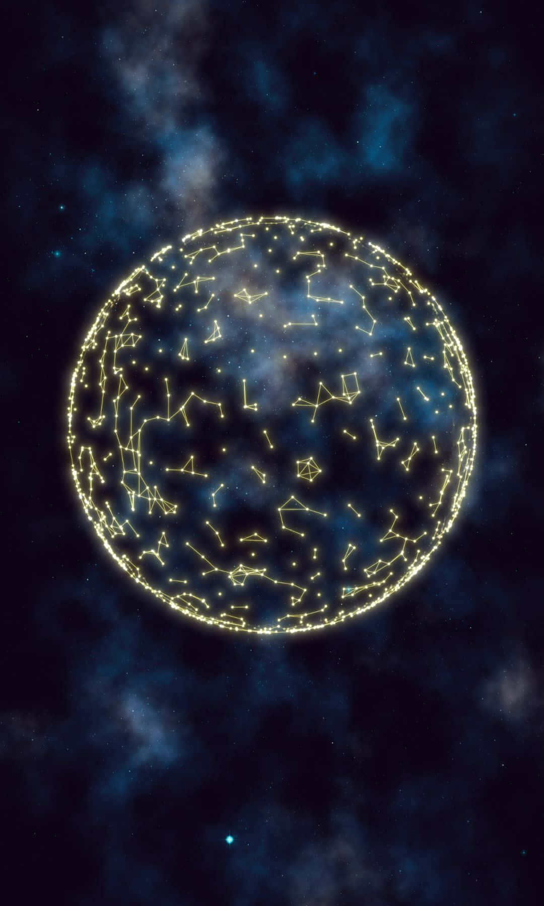 1080x1800 桌布 壁紙 — 一個由相互連接的金色星星組成的發光球體，漂浮在深空中旋轉的宇宙雲層之間。