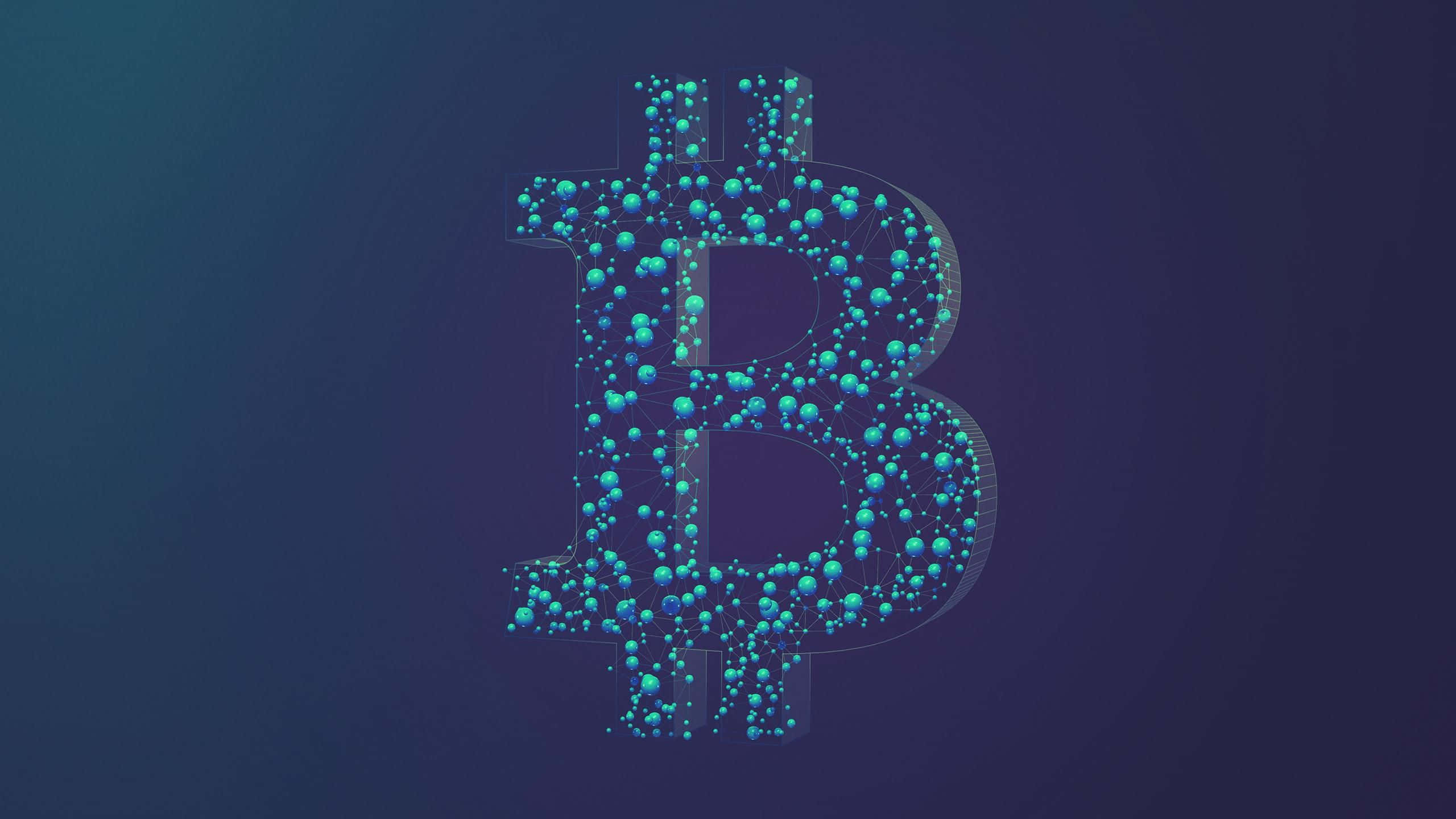 4K Bitcoin 桌布 壁紙 — 一個由相互連接的點和線組成的發光藍色比特幣符號，背景為深色漸變。
