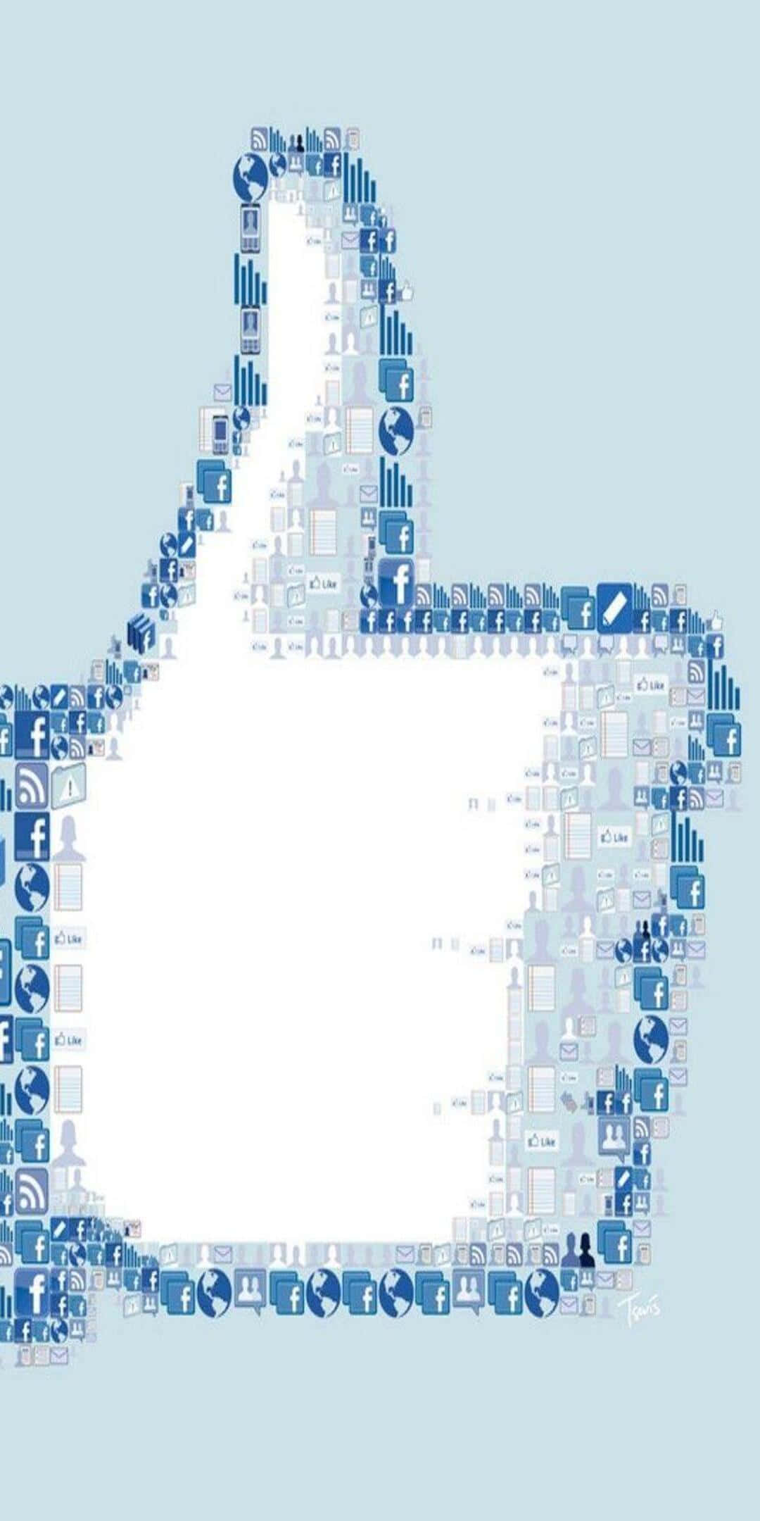 Social 桌布 壁紙 — 一個由眾多藍色社交媒體應用程式圖示組成的大拇指向上圖示，背景為淺藍色。