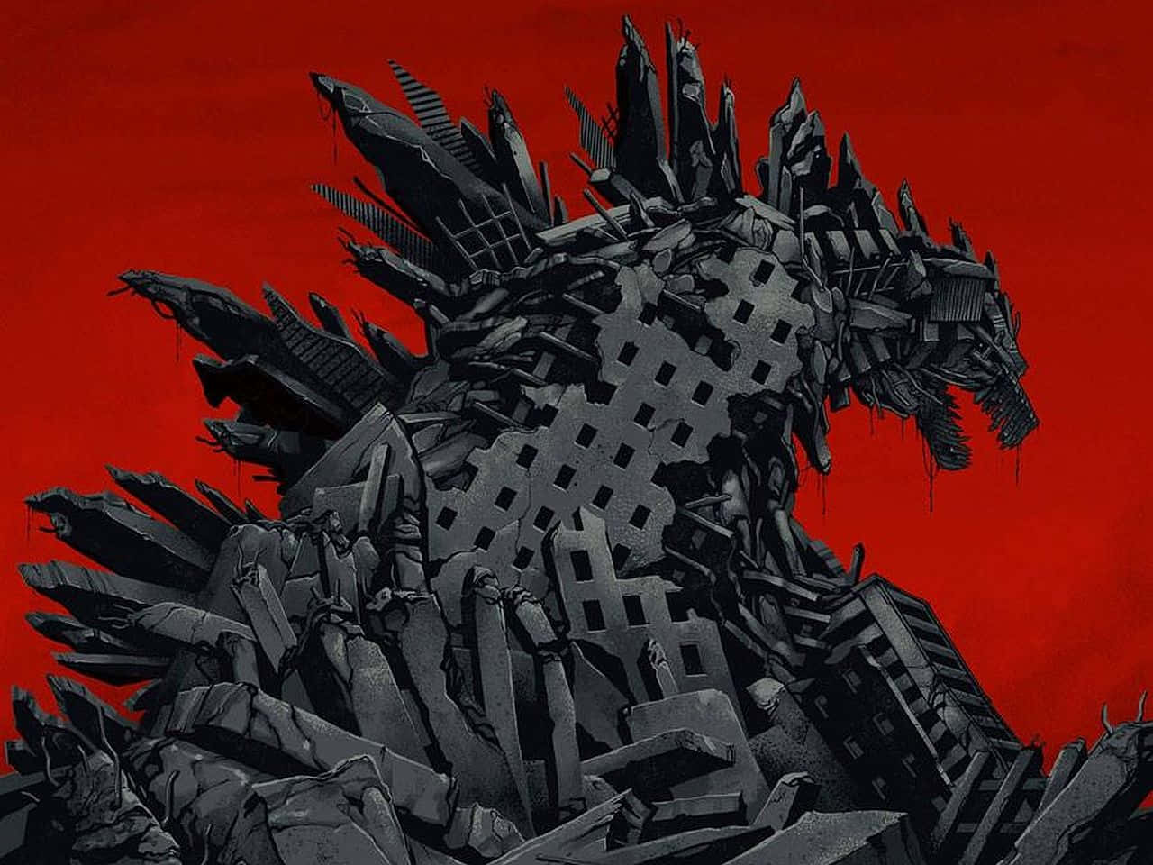 Godzilla Art 桌布 壁紙 — 一個由破碎摩天大樓組成的巨大哥斯拉-like生物，矗立在鮮紅色的天空下。