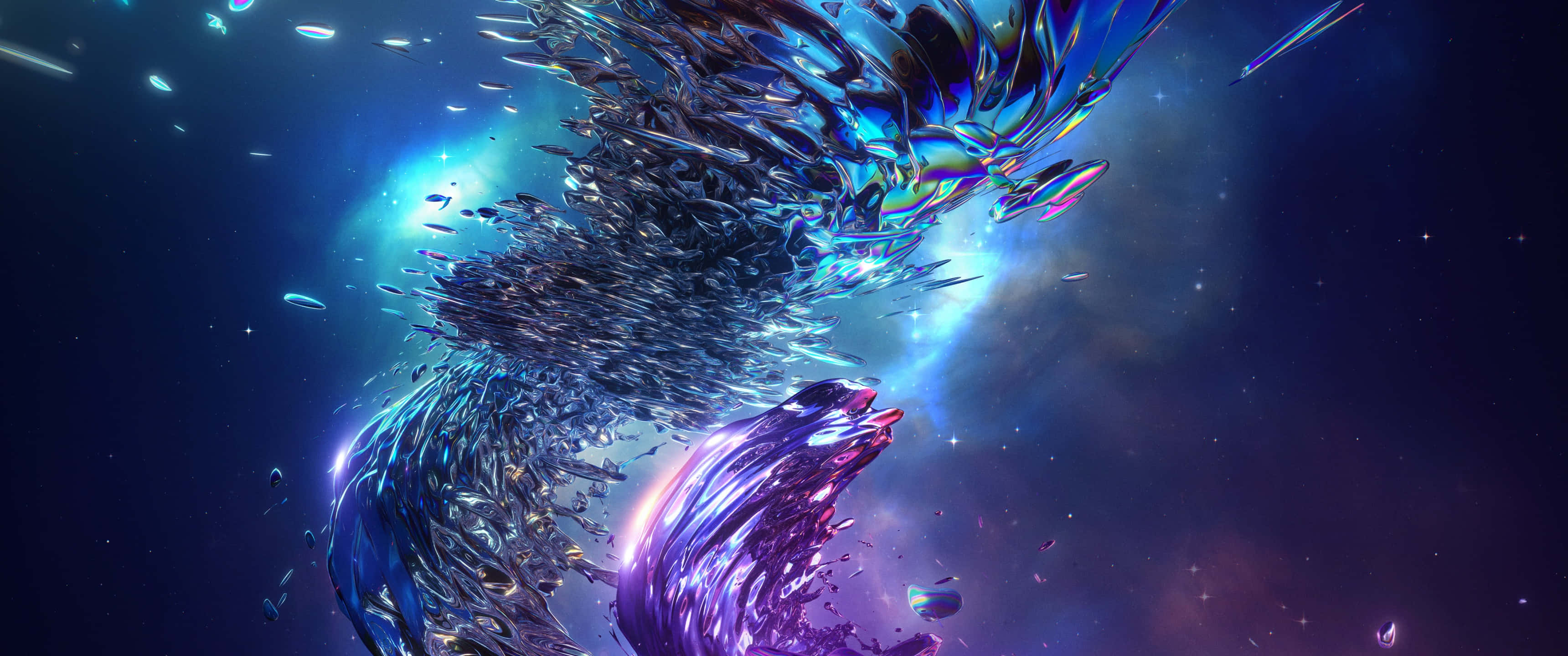 Abstract Gaming 桌布 壁紙 — 一個由破碎玻璃碎片組成的旋轉宇宙漩渦，在繁星點點的星雲背景下發出電光藍和紫色調的光芒。