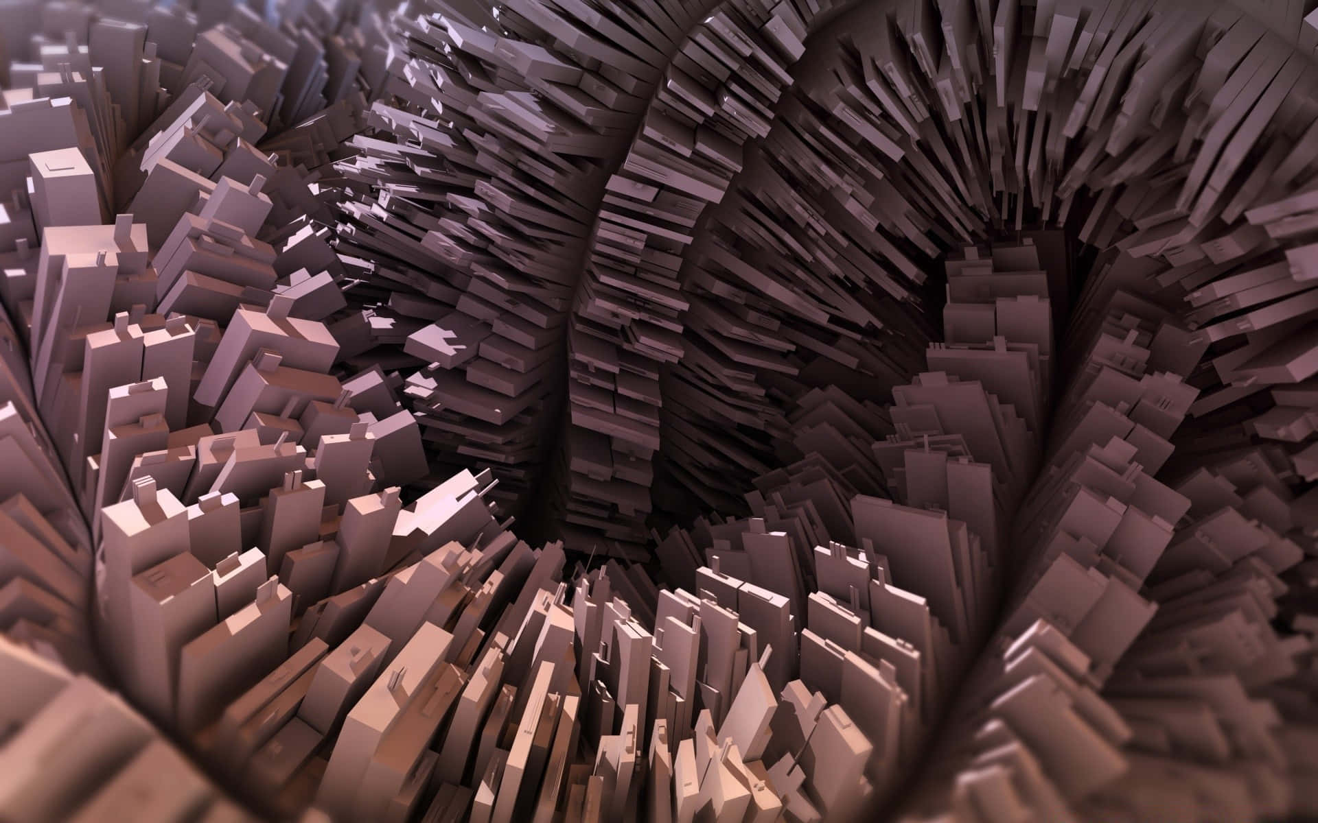 3d Graphics 桌布 壁紙 — 一個由碎片幾何塊體以大地色調向內螺旋形成的迷人3D渲染漩渦。