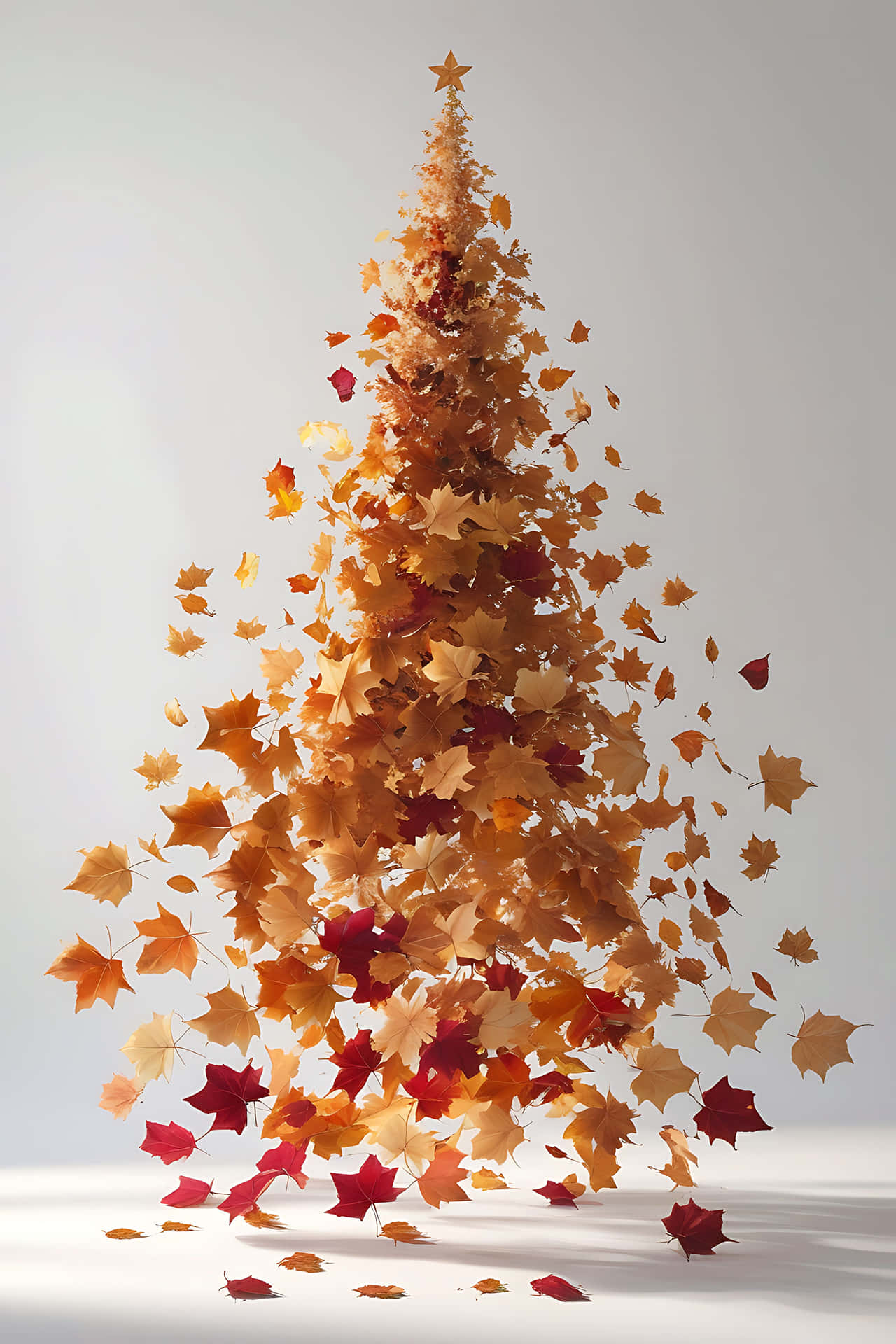 Autumn leaf tree sculpture 壁紙 — 一個由秋天楓葉組成的巨大圓錐體，呈現溫暖的橙、紅和金色色調，懸浮在柔和的白色背景前。