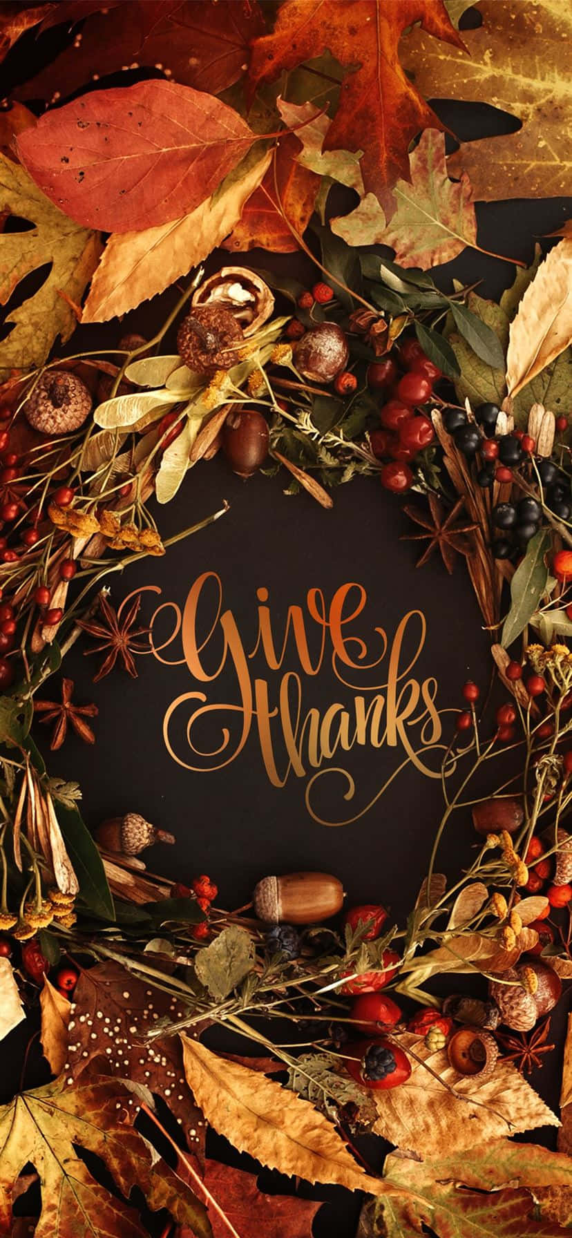 桌布 壁紙 — 一個由秋葉、橡果和漿果組成的圓形花環，在深色背景上環繞著金色草書文字「give thanks」。