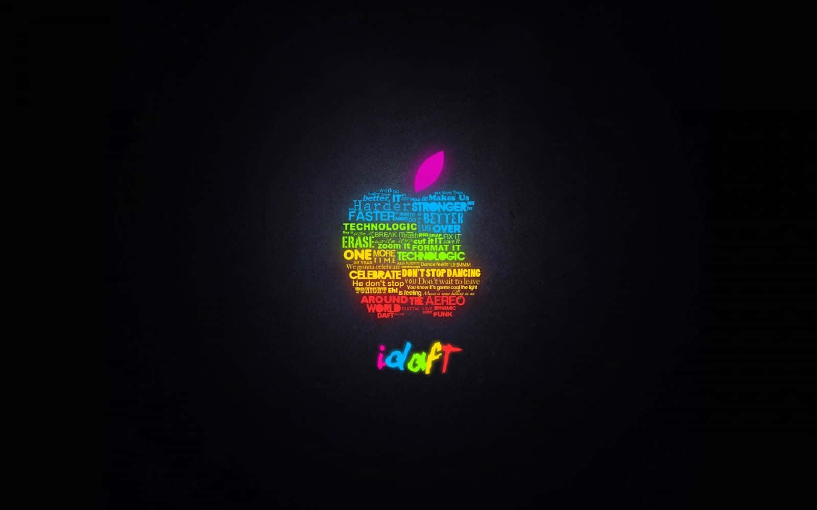 Mac 桌布 壁紙 — 一個由科技相關詞彙組成的發光彩虹Apple標誌，在黑色背景上脈動，下方有「idraft」。