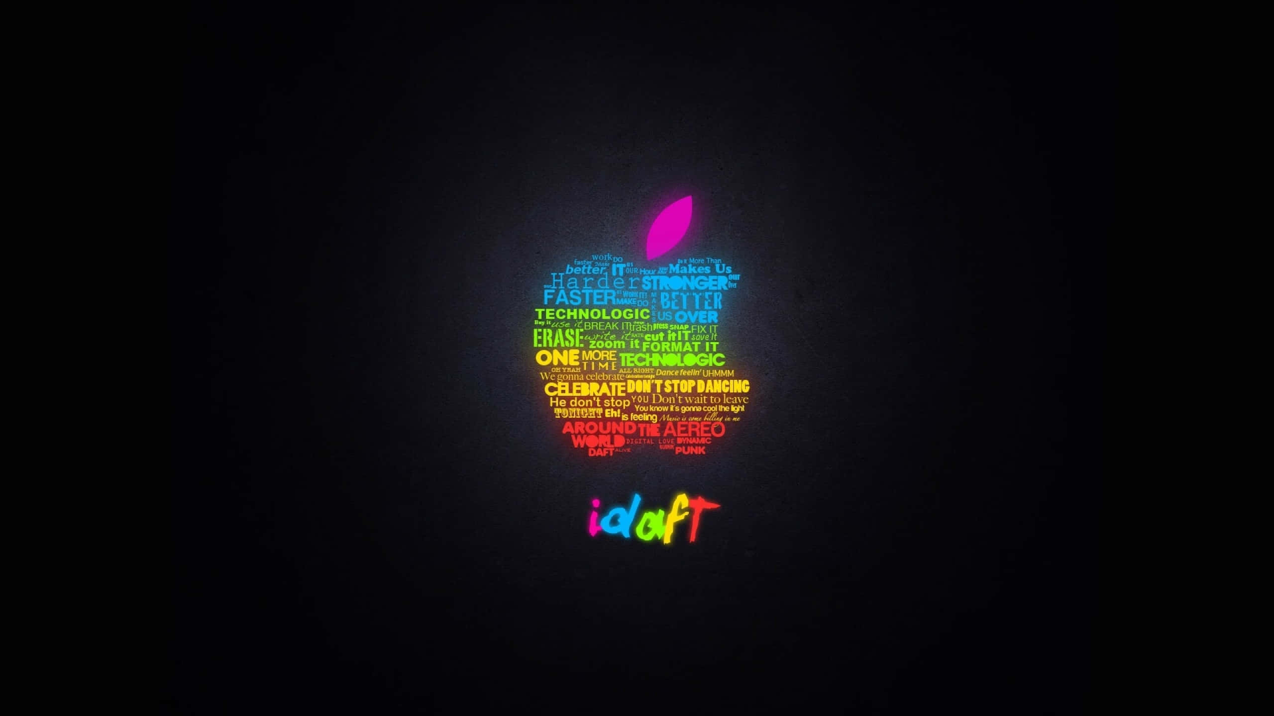 Cool Apple 桌布 壁紙 — 一個由科技相關詞彙組成的發光彩虹Apple標誌，黑色背景，下方有「idraft」。