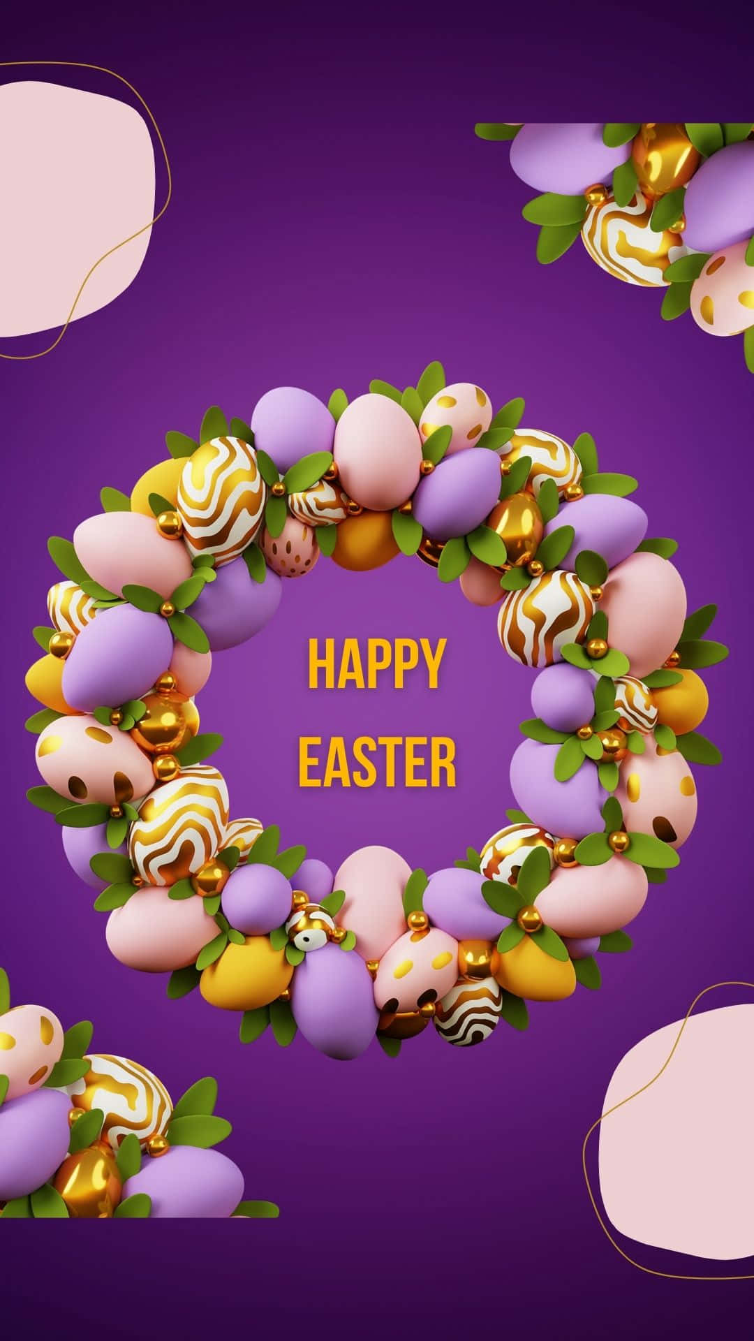 Easter Egg 桌布 壁紙 — 一個由粉彩蛋和綠葉製成的節日復活節花環，掛在帶有金色裝飾的深紫色背景上。