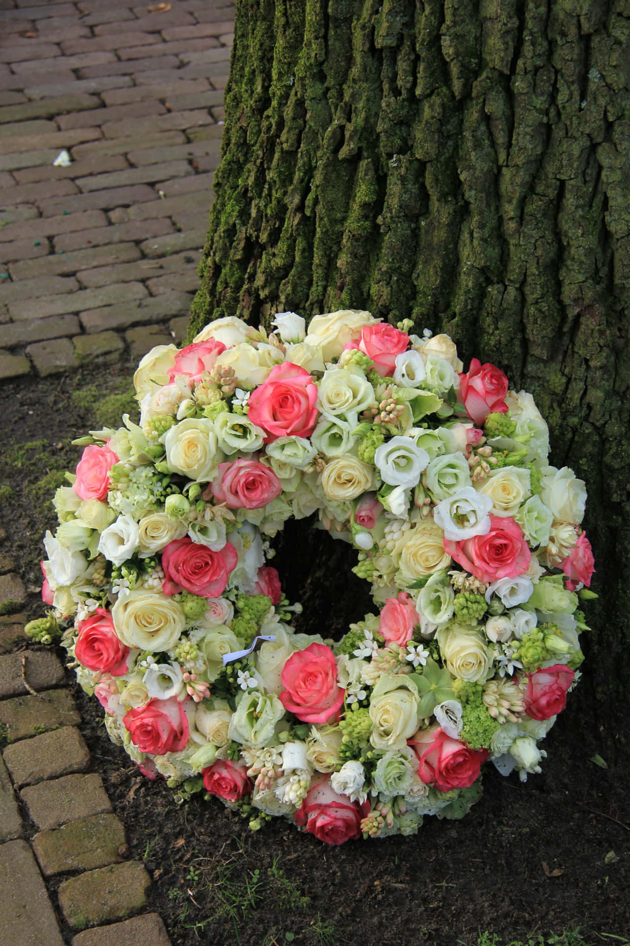 Funeral Flower Arrangements 桌布 壁紙 — 一個由粉紅、白色和奶油色玫瑰組成的茂盛花環，擱在磚砌小徑上長滿青苔的樹幹底部。