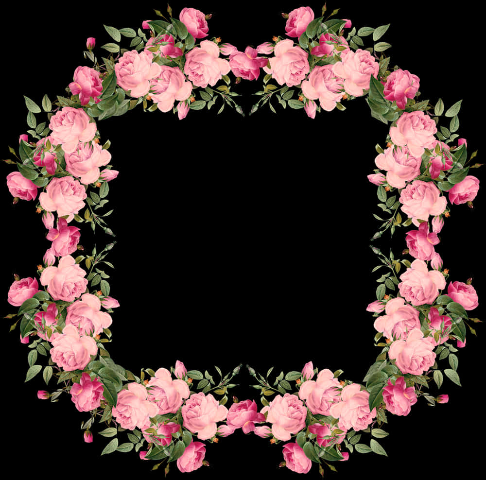 Flower Wreath 桌布 壁紙 — 一個由粉紅玫瑰和綠葉組成的精緻心形花環，以柔和浪漫的優雅框住黑色虛空。