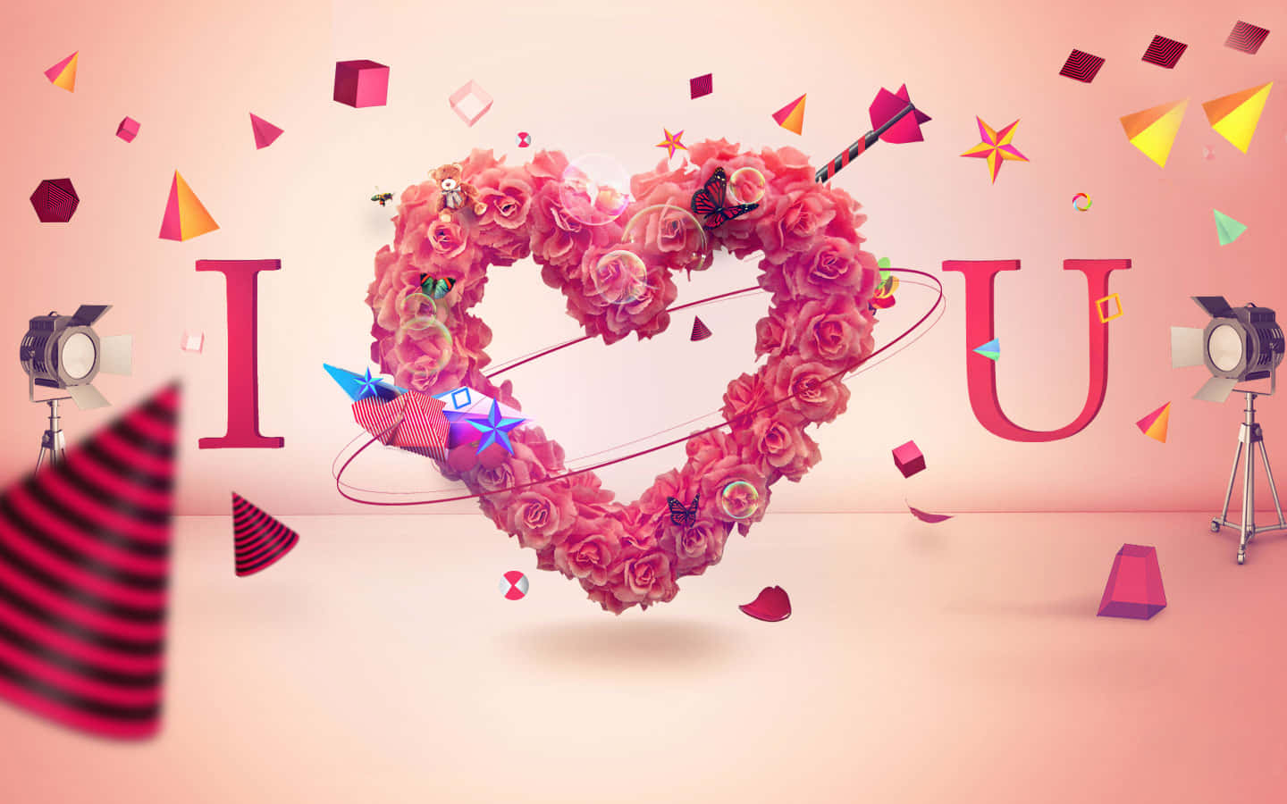 Beautiful Love 桌布 壁紙 — 一個由粉紅玫瑰製成的漂浮心形，周圍環繞著五彩紙屑星星和電影燈光，並帶有 'I U' 字母，在工作室環境中。