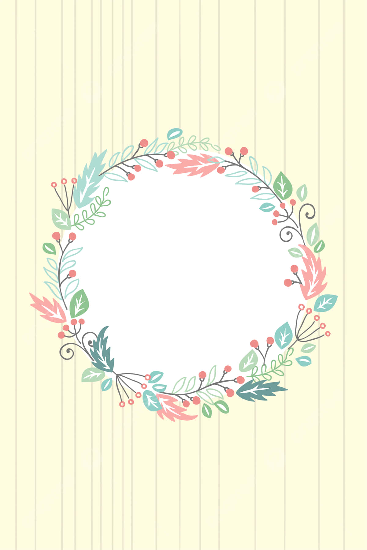 Floral Wreath 桌布 壁紙 — 一個由粉紅色、珊瑚綠和藍綠色葉子以及紅色漿果組成的精緻圓形花環，在淡黃色垂直條紋背景上框出一個空白中心。